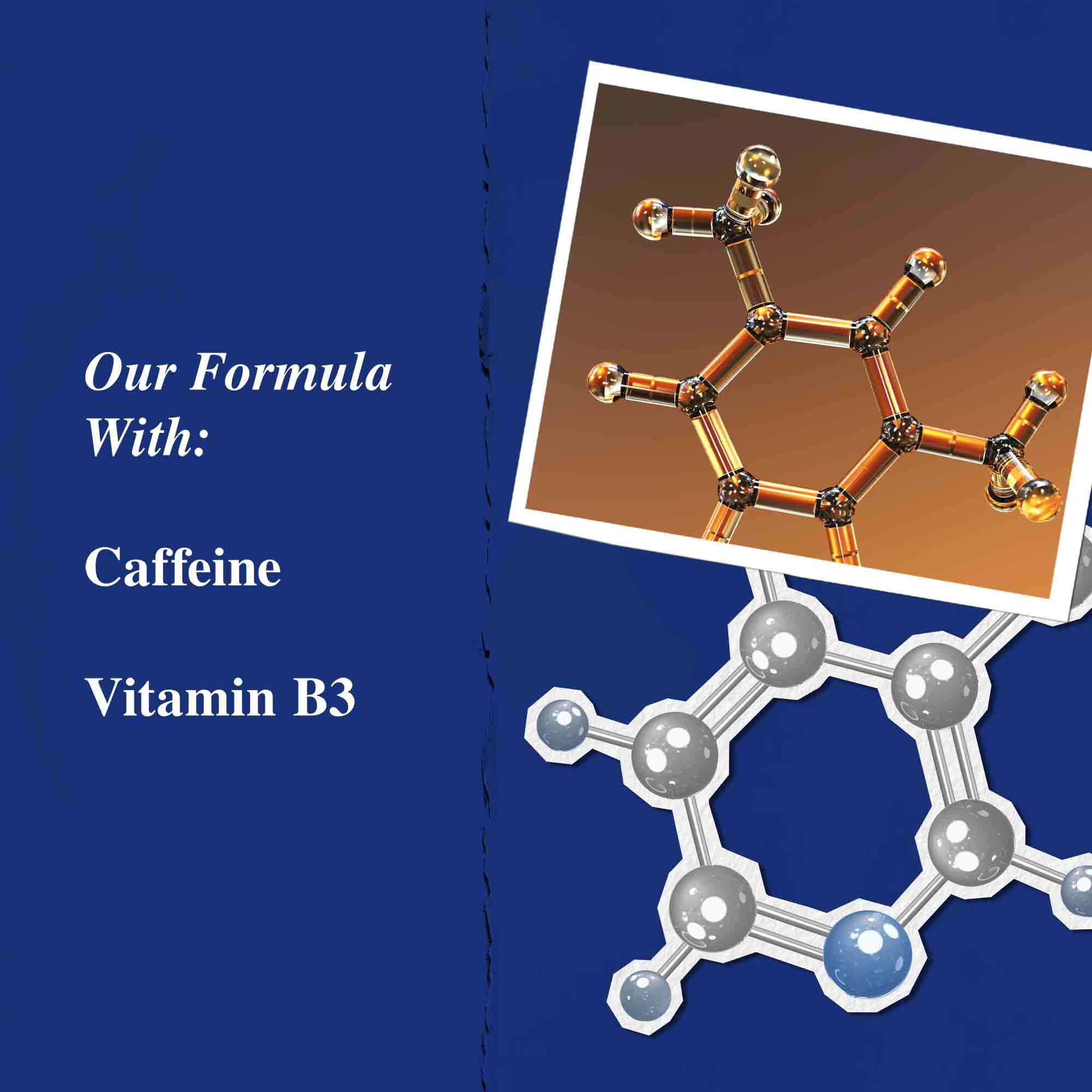 Grafika przedstawiająca kluczowe składniki: kofeinę i witaminę B3.