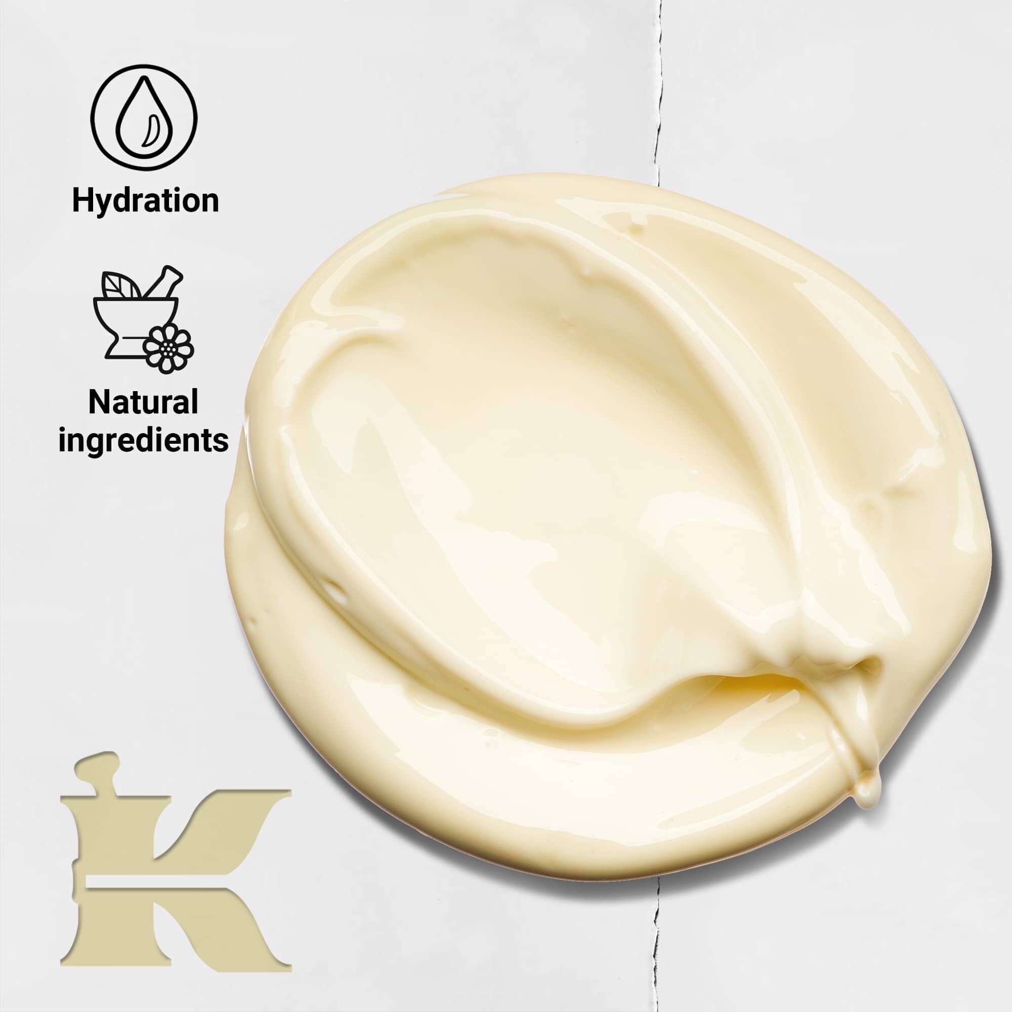 Zdjęcie konsystencji Creme de Corps z ikonami informującymi, że zapewnia nawilżenie i zawiera naturalne składniki