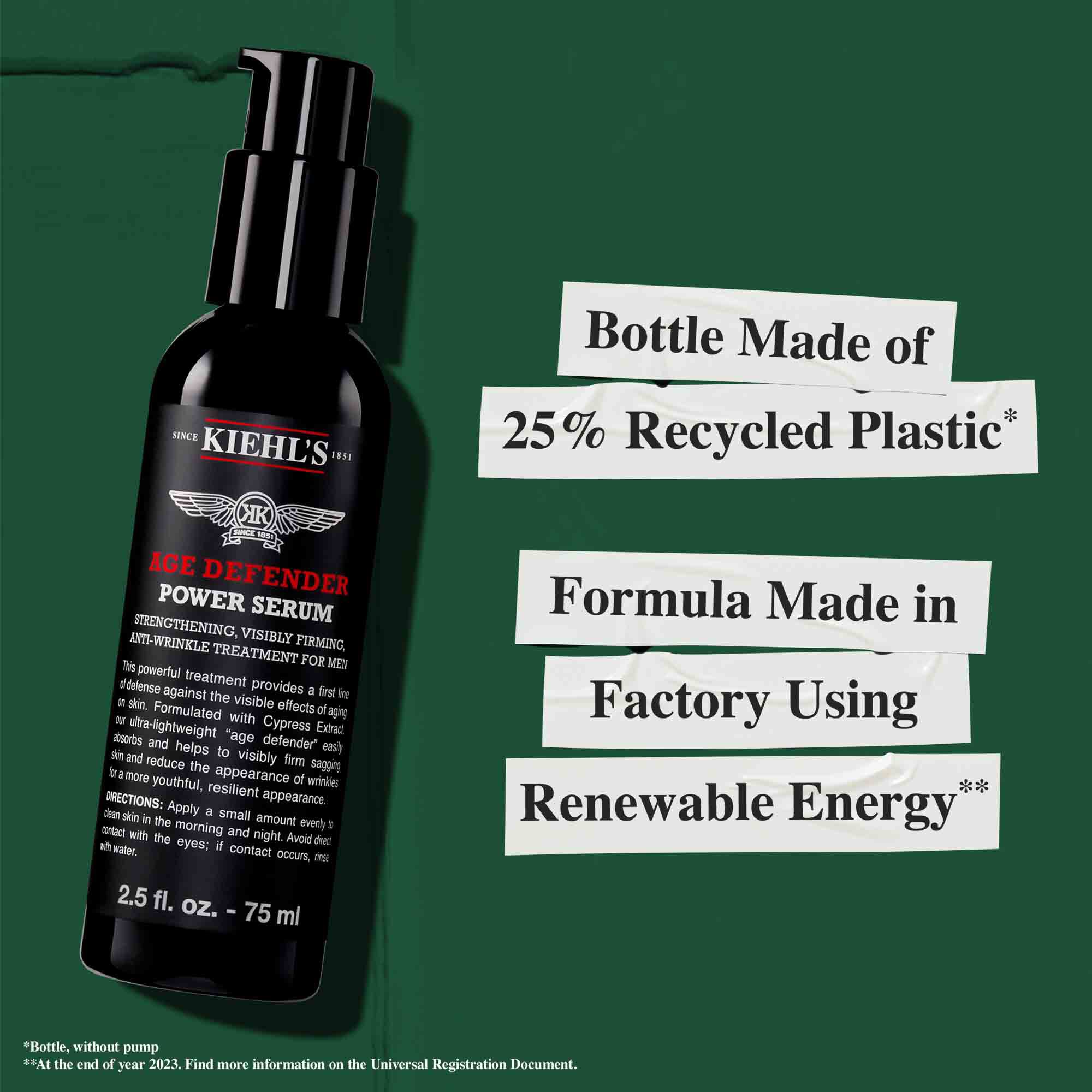 Butelka serum Age Defender Power wykonana w 25% z plastiku pochodzącego z recyklingu; formuła wytworzona z użyciem energii odnawialnej.
