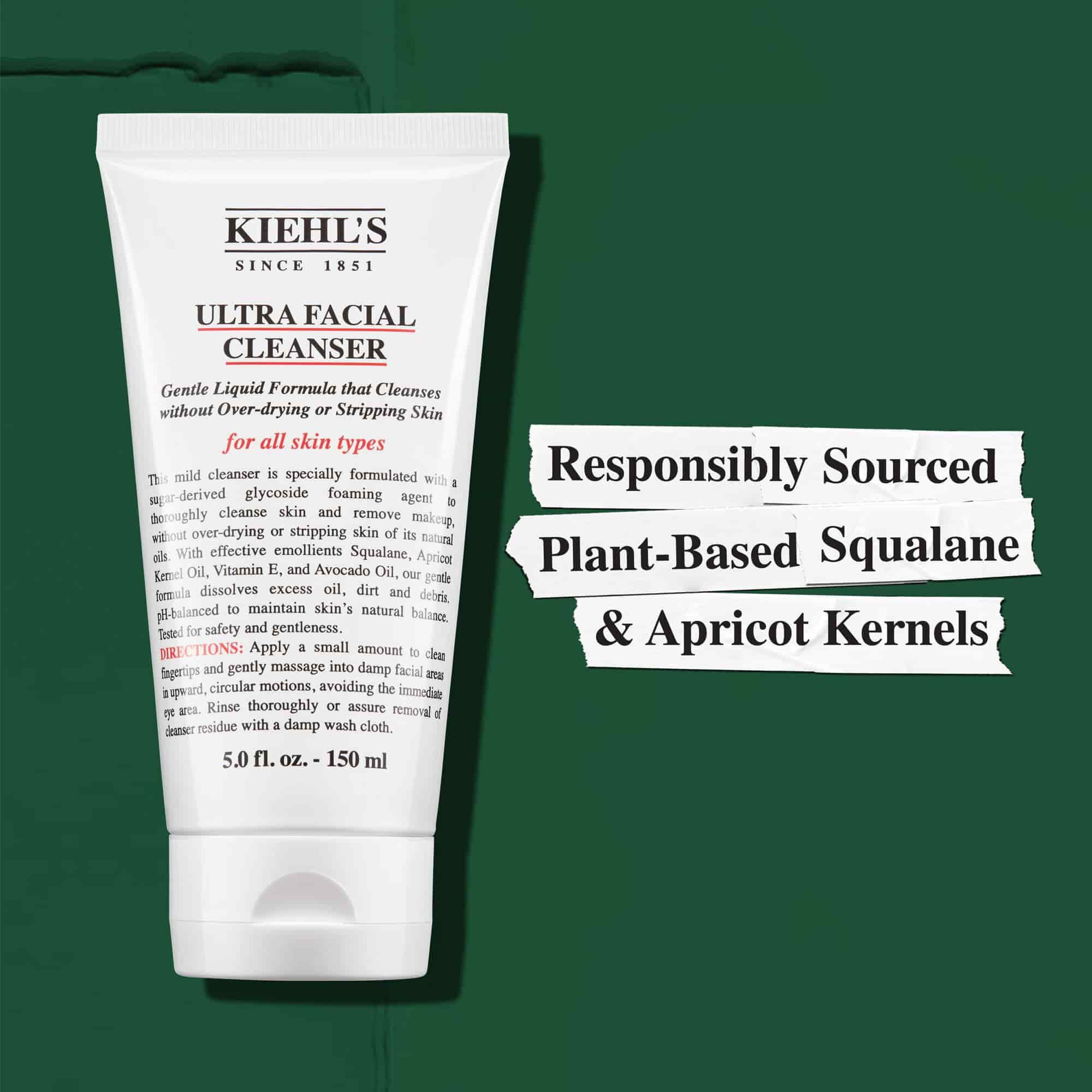 Żel Kiehl's Ultra Facial Cleanser zawiera pozyskiwane в odpowiedzialny sposob roślinny skwalan i pestki moreli
