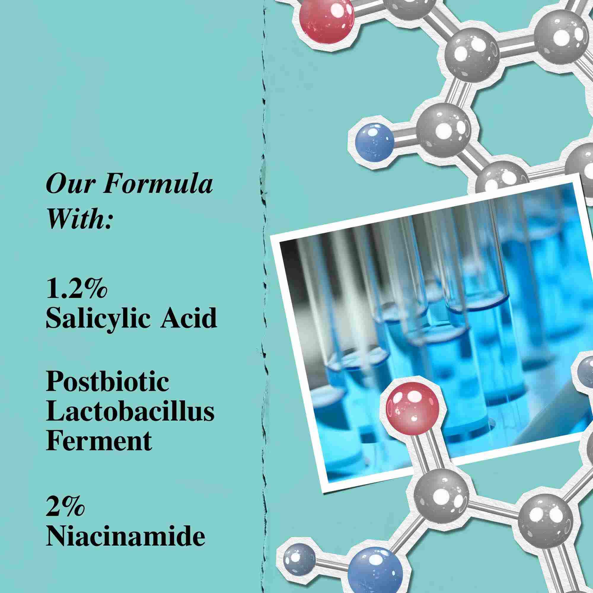Grafika podkreślająca kluczowe składniki balsamu Expertly Clear Blemish-Treating & Preventing Lotion, w tym kwas salicylowy, postbiotyczny ferment Lactobacillus i niacynamid.