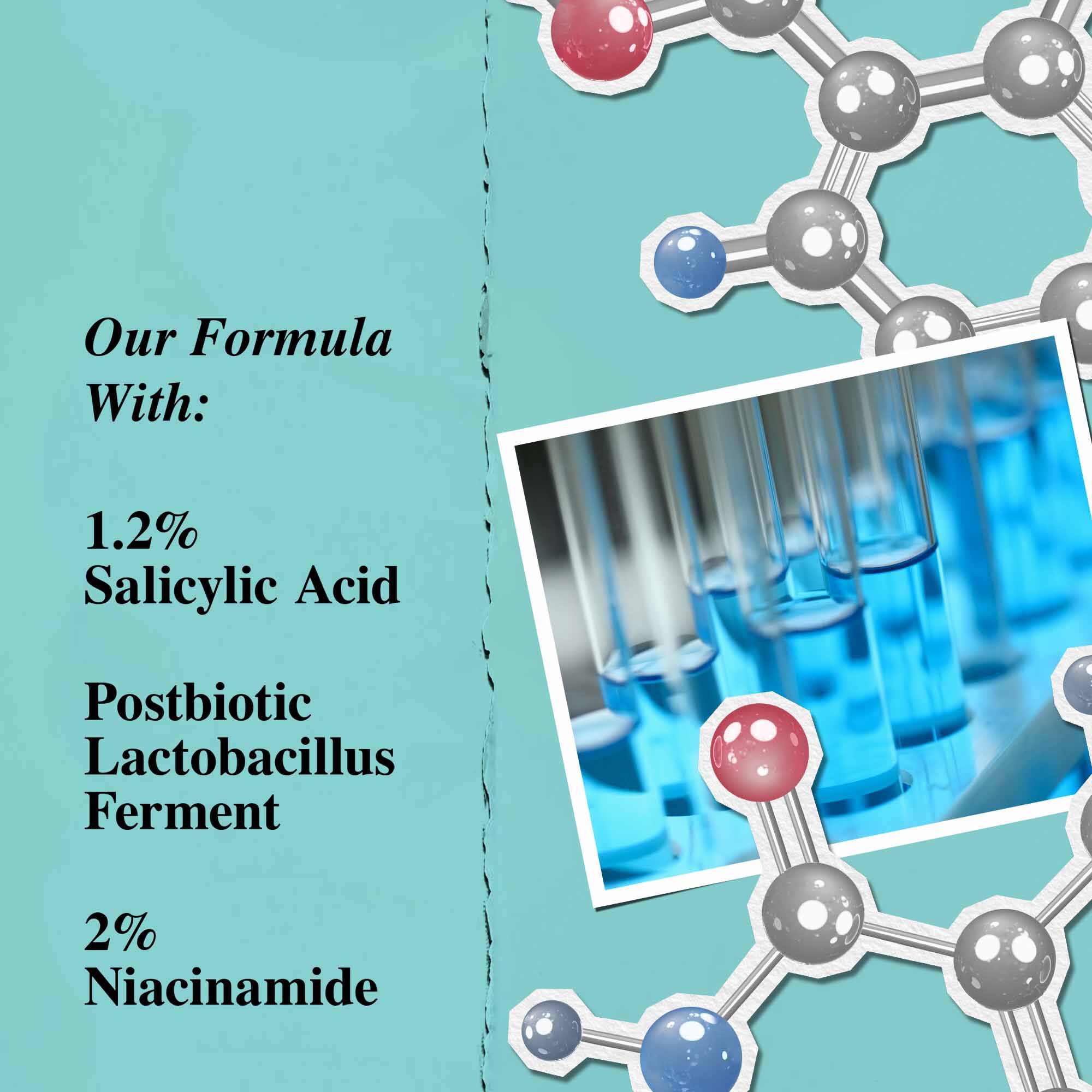 Grafika podkreślająca kluczowe składniki balsamu Expertly Clear Blemish-Treating & Preventing Lotion, w tym kwas salicylowy, postbiotyczny ferment Lactobacillus i niacynamid.