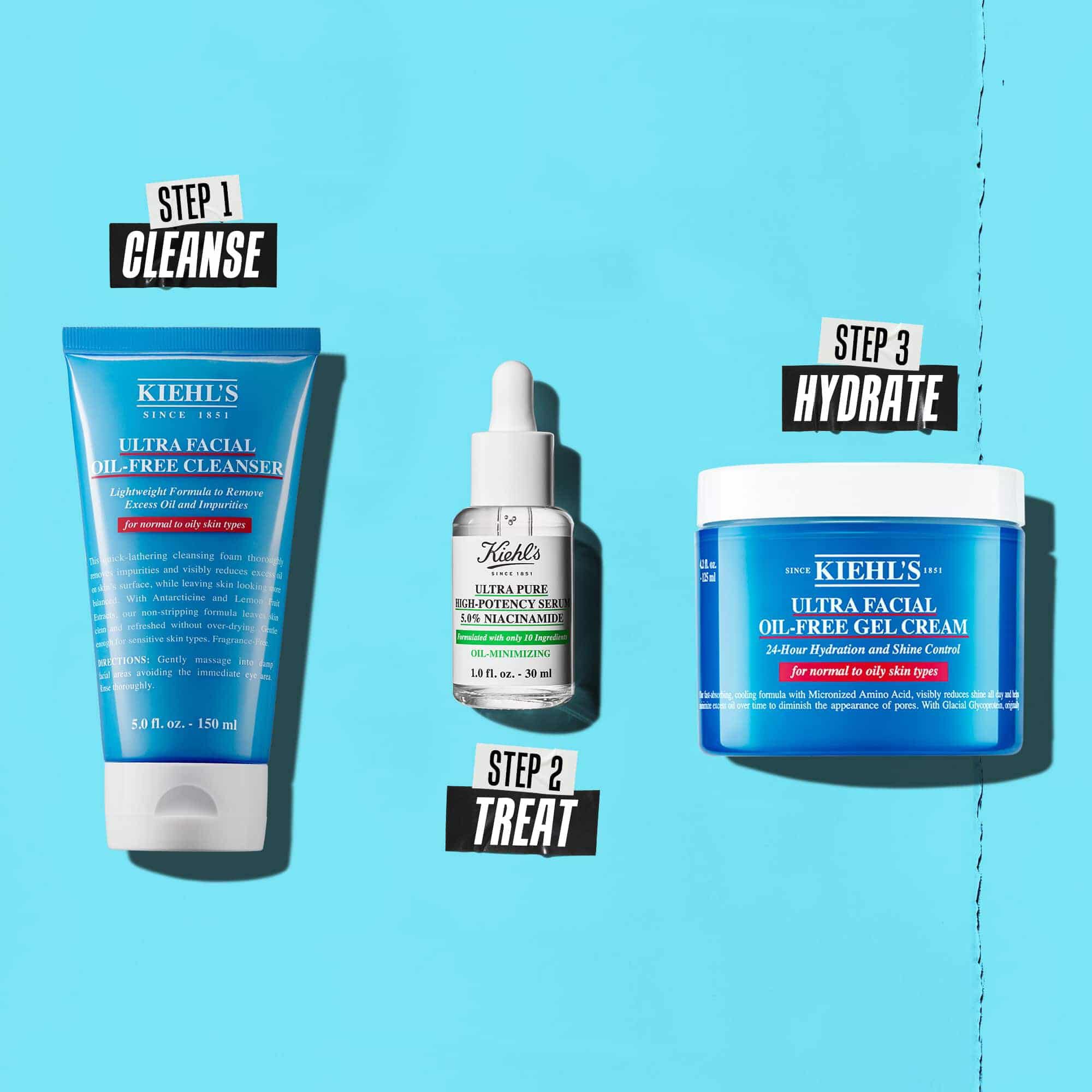 Trzyetapowa rutyna z produktami Kiehl's. Krok 1: Ultra Facial Oil-Free Cleanser. Krok 2: Serum z niacynamidem. Krok 3: Ultra Facial Oil-Free Gel Cream.