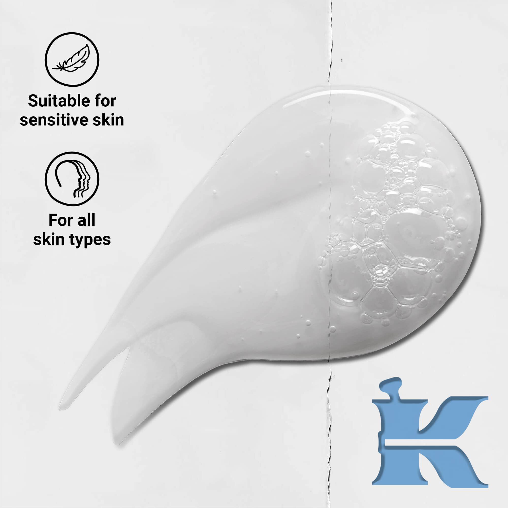 Zdjęcie konsystencji Kiehl's Ultra Facial Cleanser z ikonami: do każdego rodzaju skory i skory wrażliwej
