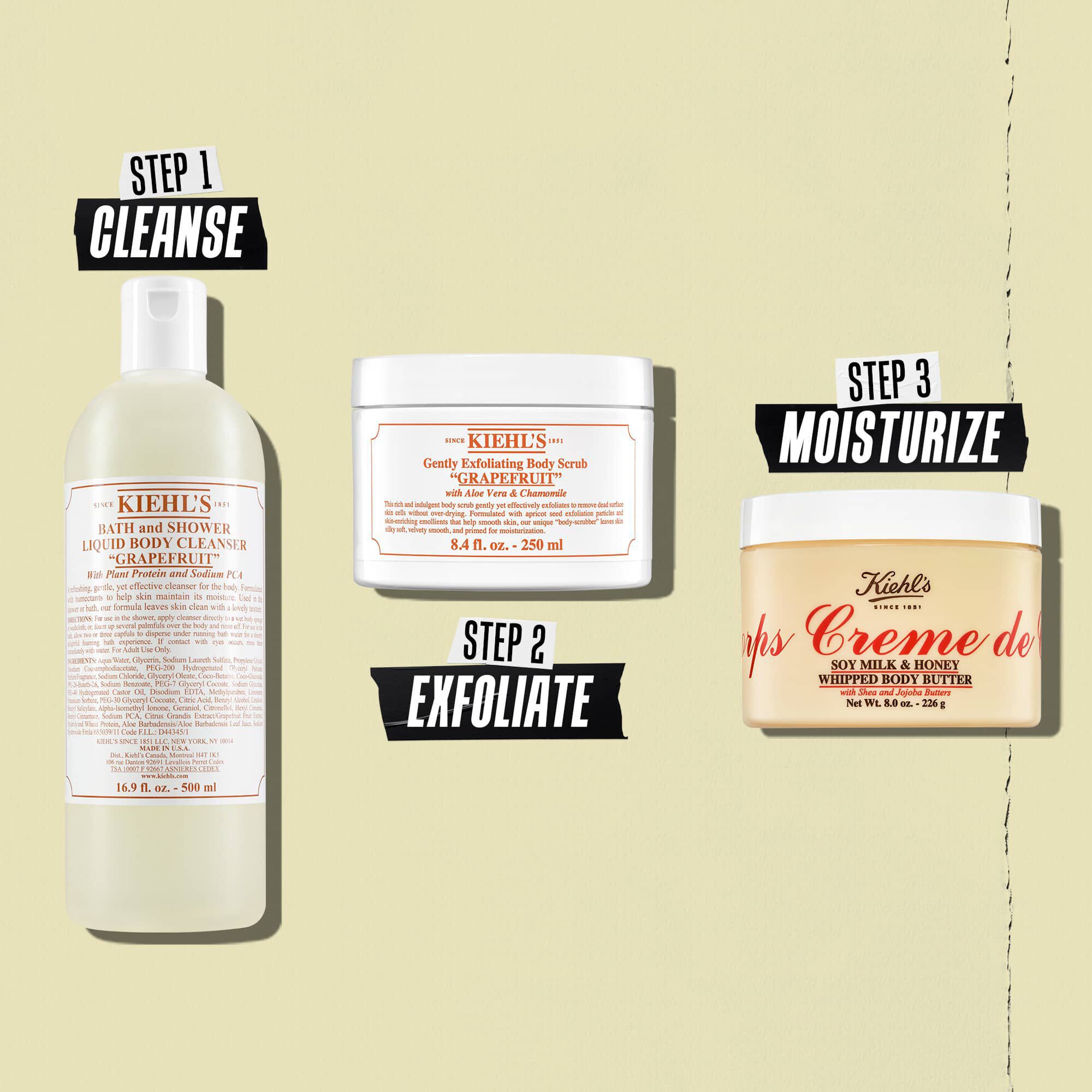 Ilustracja rutyny z masłem do ciała Creme de Corps Whipped Butter – oczyszczanie, złuszczanie, nawilżanie