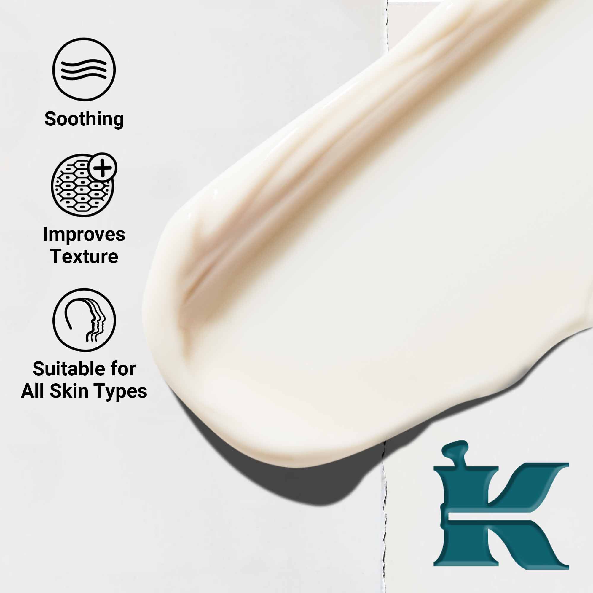 Zbliżenie na konsystencję balsamu do golenia Kiehl's Close Shavers Squadron Smooth Glider Precision Shave Lotion. Tekst podkreśla właściwości wygładzające i poprawiające strukturę skory, odpowiednie dla każdego rodzaju cery.