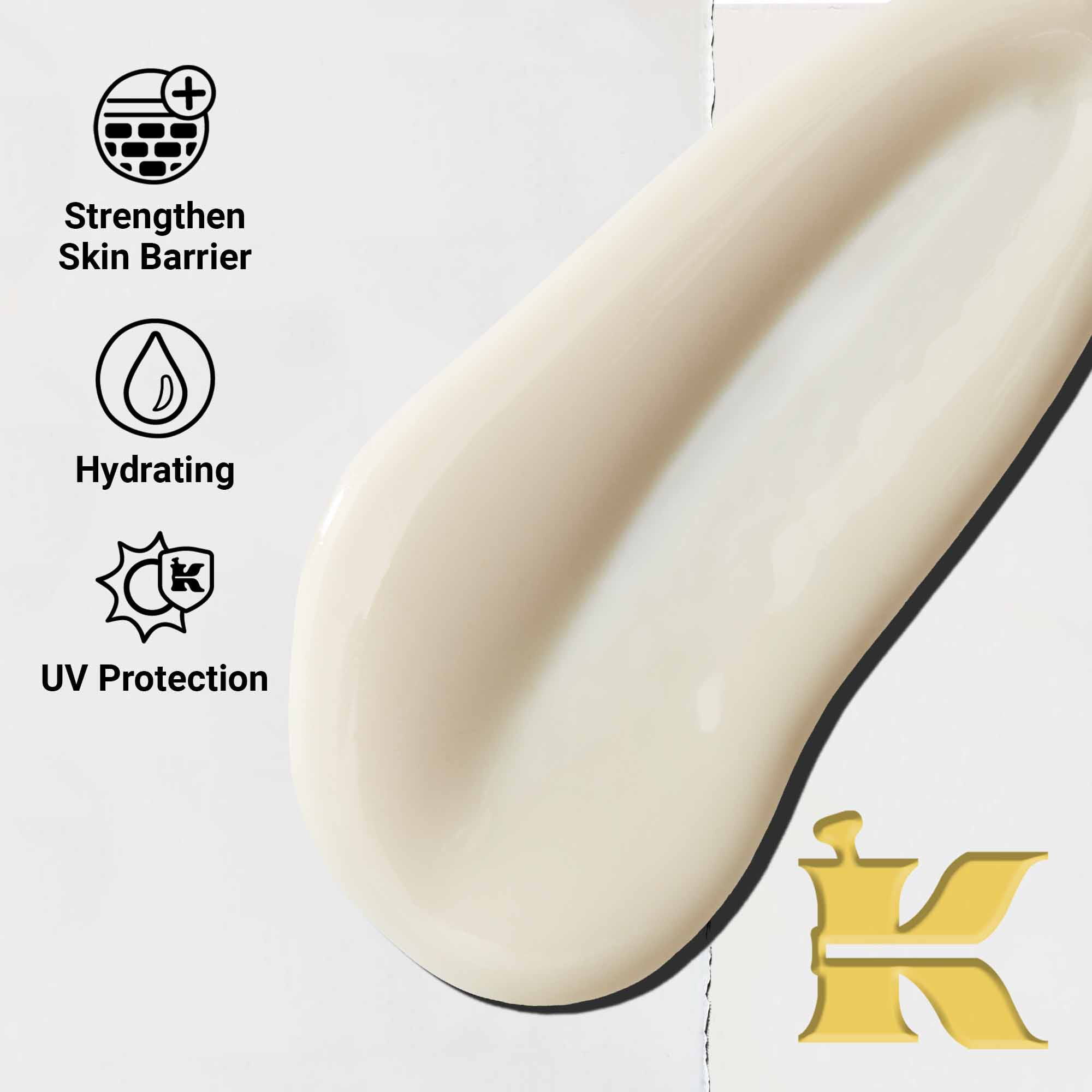 Zbliżenie na konsystencję Ultra-Light Daily UV Defense. Tekst podkreśla lekką, nawilżającą formułę i szerokie spektrum ochrony UV.