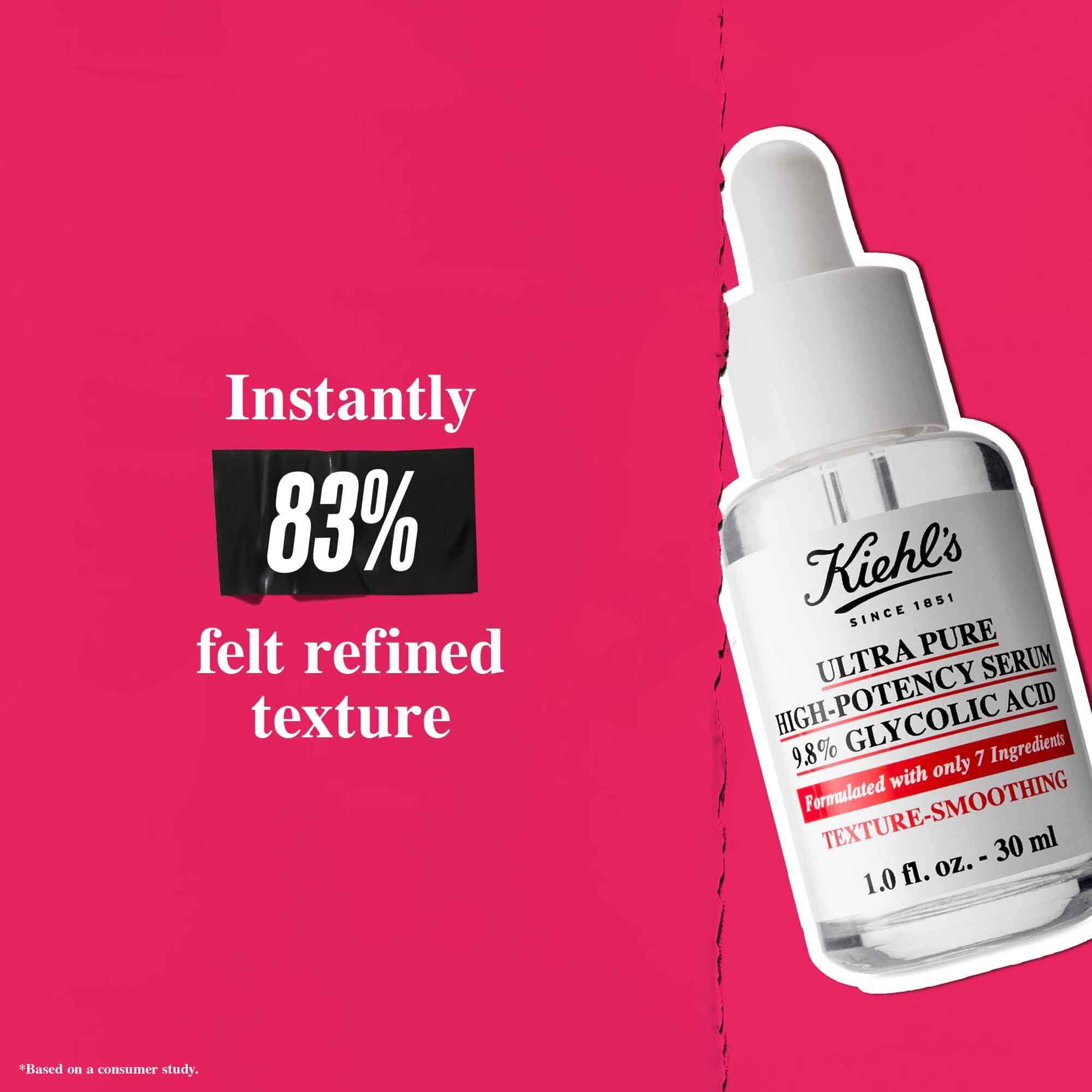 Butelka serum Ultra Pure 9.8% Glycolic Acid Serum na rożowym tle z tekstem: „Natychmiast 83% odczuło poprawę tekstury.”
