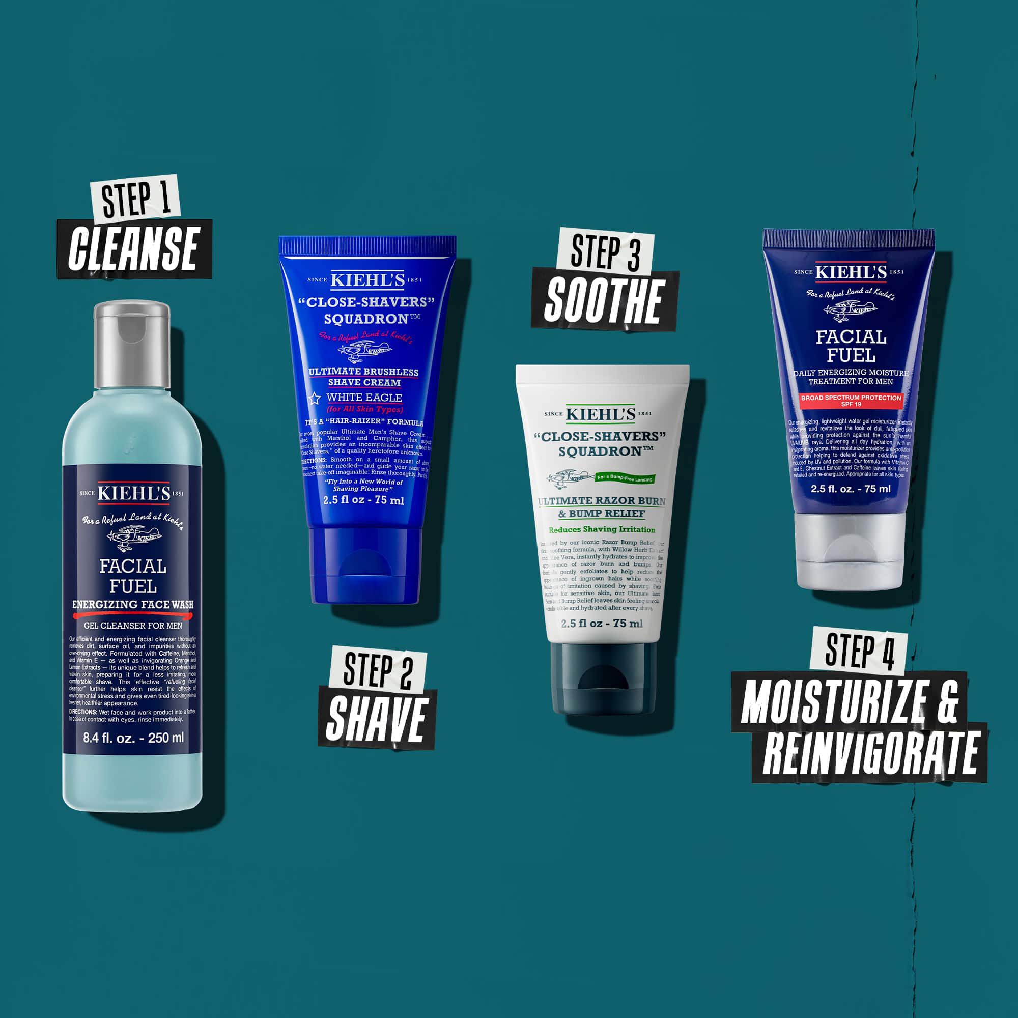 Cztery produkty Kiehl’s do męskiej pielęgnacji: Oczyszczanie, Golenie, Łagodzenie i Nawilżanie/Rewitalizacja