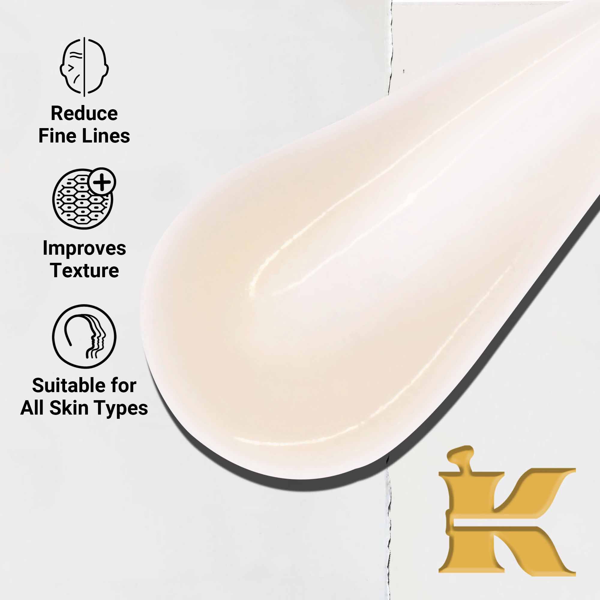 Zbliżenie na konsystencję Powerful-Strength Line-Reducing Concentrate. Tekst podkreśla zdolność produktu do redukcji drobnych zmarszczek, poprawy struktury skory oraz przydatność dla wszystkich rodzajow cery.