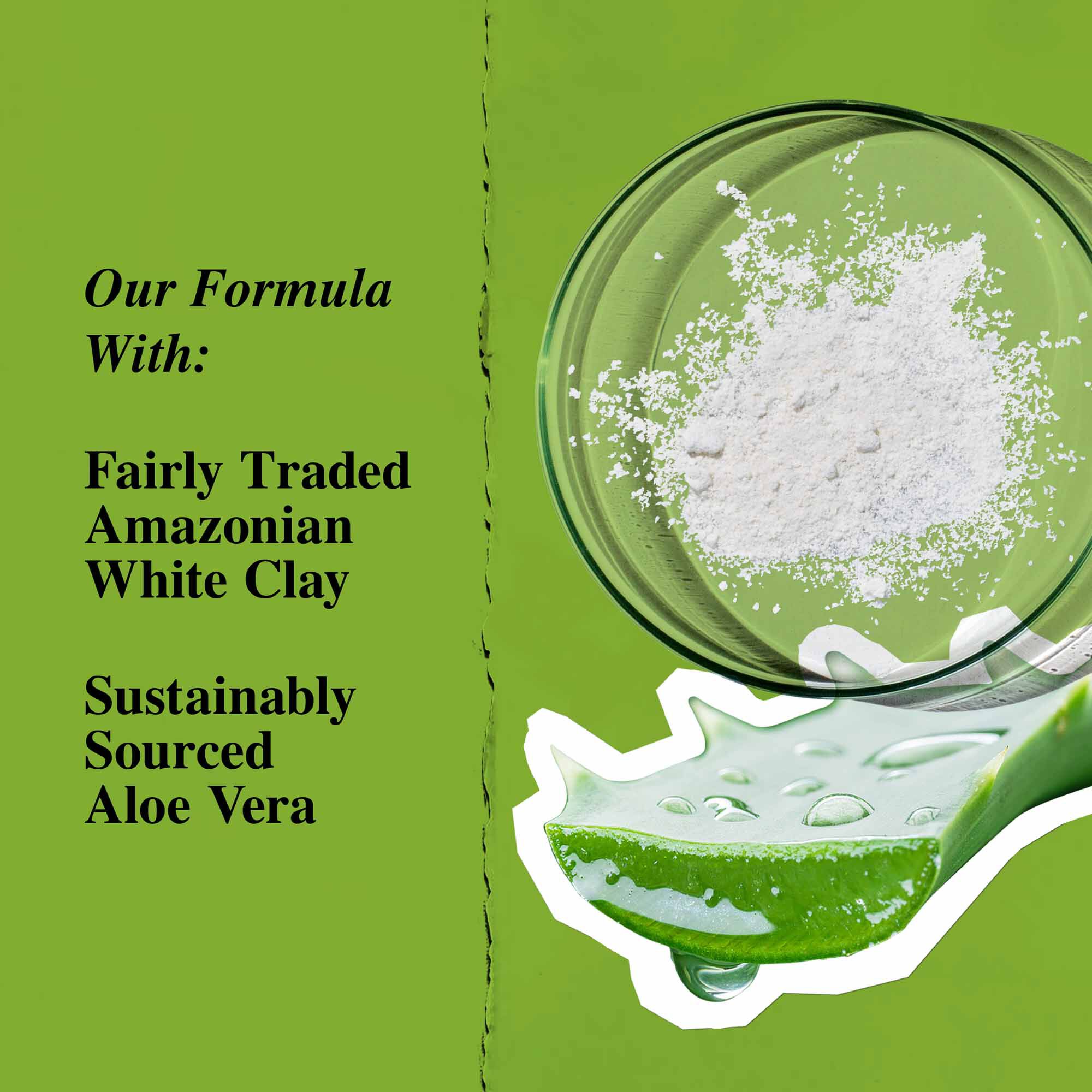 Grafika przedstawiająca kluczowe składniki: białą glinkę i aloes.