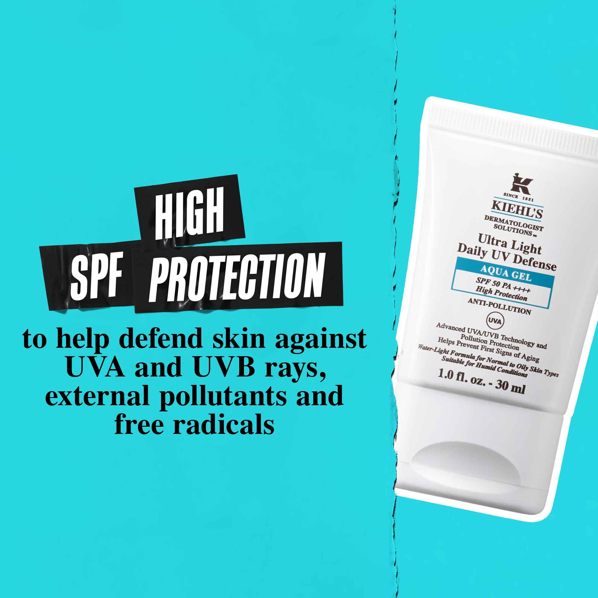 Tubka Ultra Light Daily UV Defense Aqua Gel na niebieskim tle z tekstem: „Wysoka ochrona SPF pomagająca chronić skorę przed promieniowaniem UVA i UVB, zanieczyszczeniami zewnętrznymi i wolnymi rodnikami.”