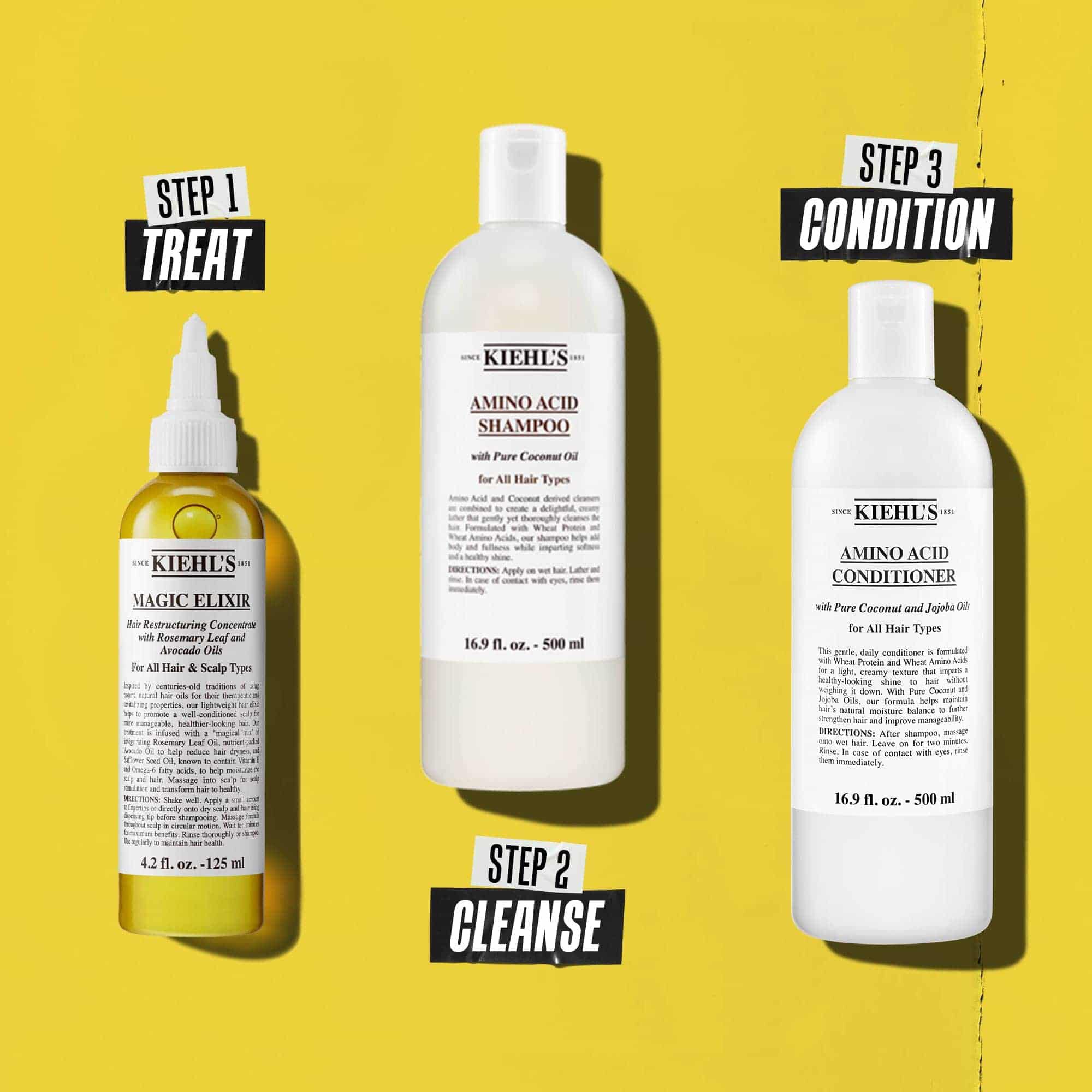 Trzyetapowa rutyna pielęgnacji włosow z produktami Kiehl's. Krok 1: Magic Elixir Hair Oil. Krok 2: Amino Acid Shampoo. Krok 3: Amino Acid Conditioner. Tekst opisuje każdy krok odpowiednio jako „Kuracja”, „Oczyszczanie” i „Odżywianie”.