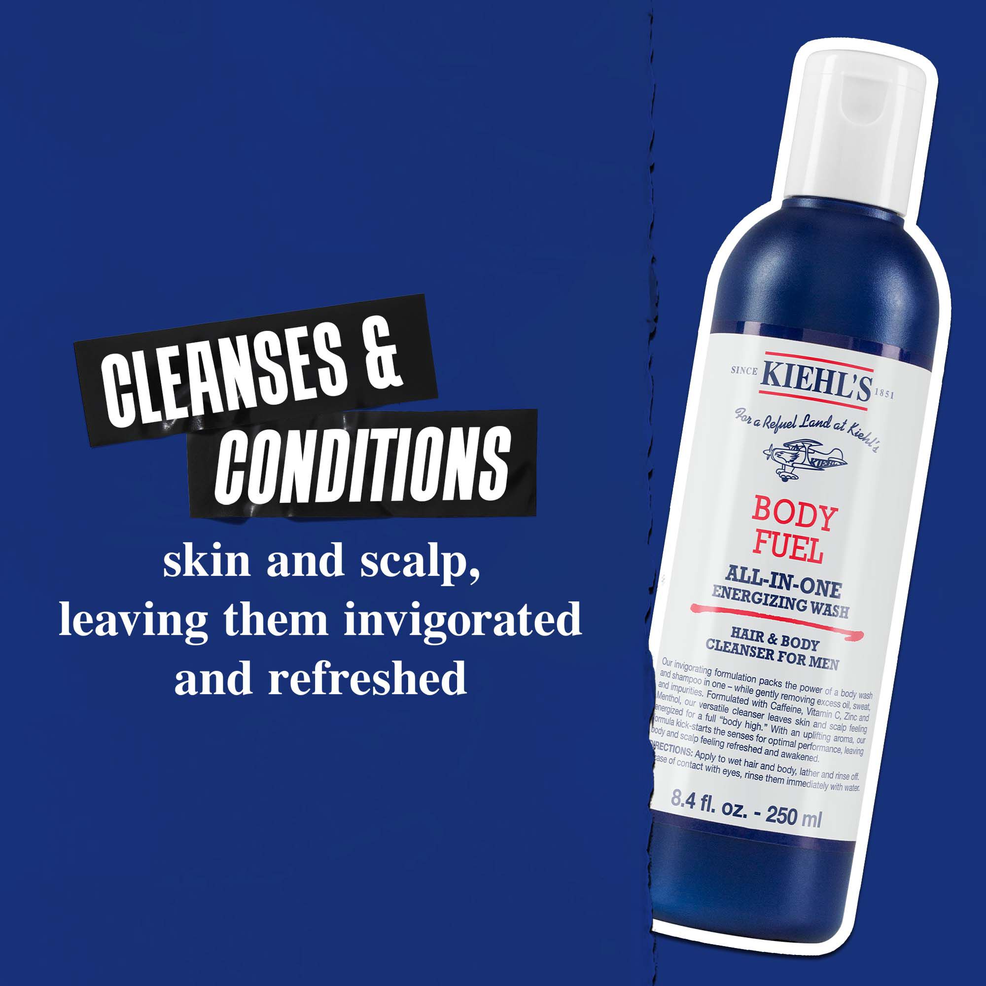 Body Fuel All-In-One Energizing Wash: oczyszcza i pielęgnuje skorę, włosy oraz skorę głowy, pozostawiając je odświeżonymi.