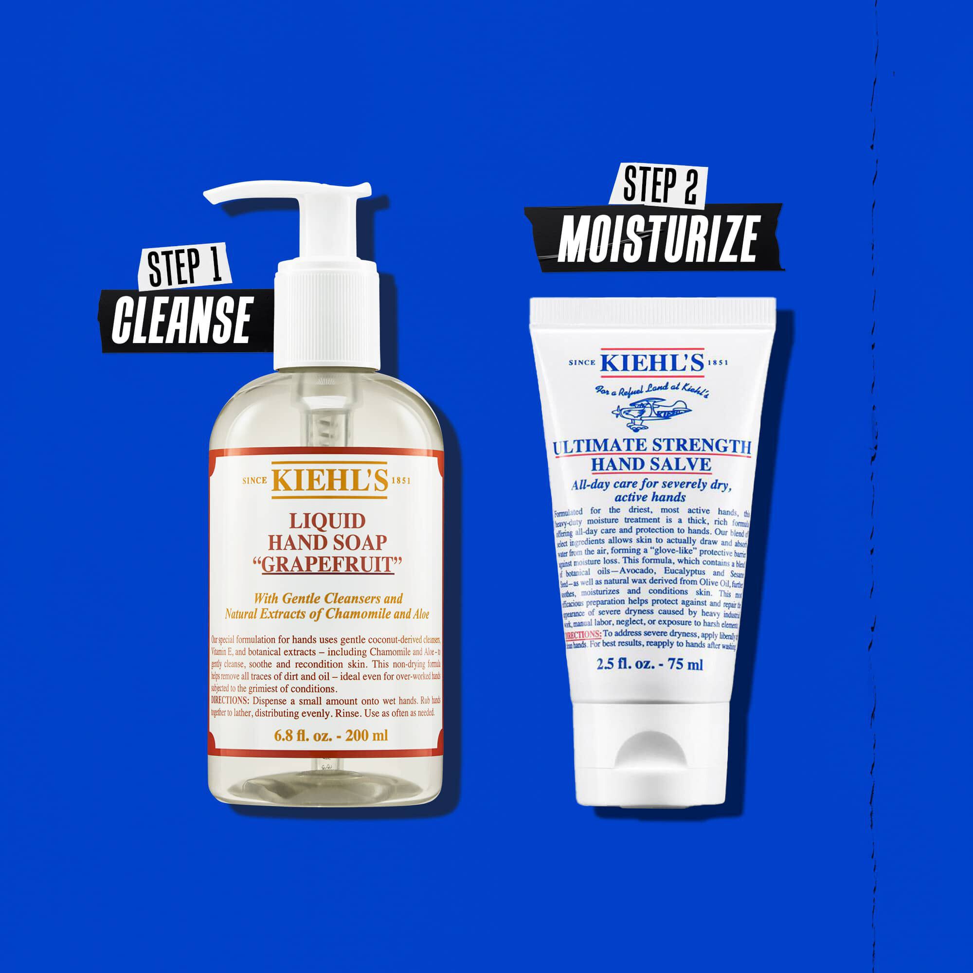 Ilustracja rutyny z Kiehl's Ultimate Strength Hand Salve – oczyszczanie, nawilżanie