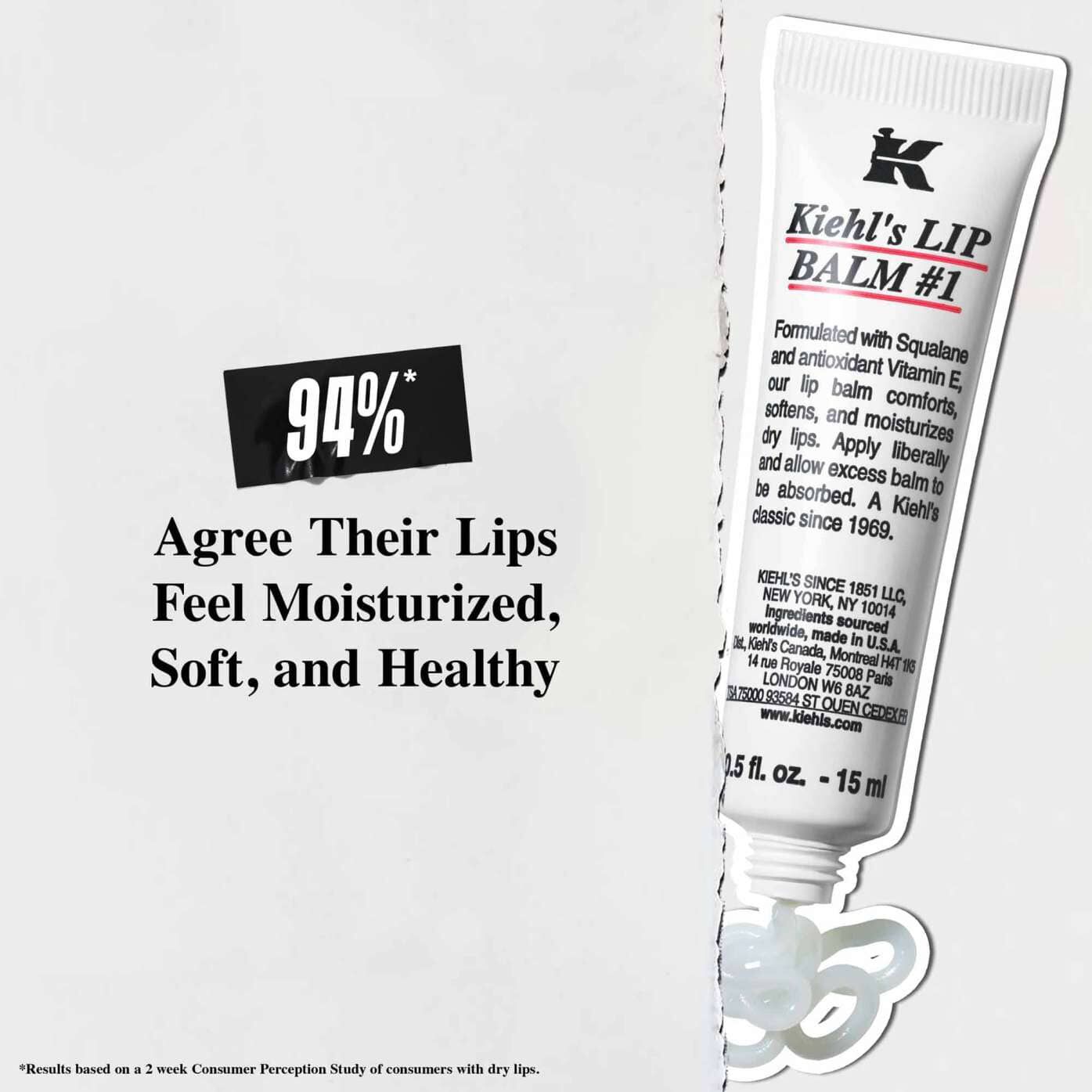 Tubka balsamu Lip Balm #1 na białym tle z tekstem: „94% zgadza się, że ich usta są nawilżone, miękkie i zdrowe”.