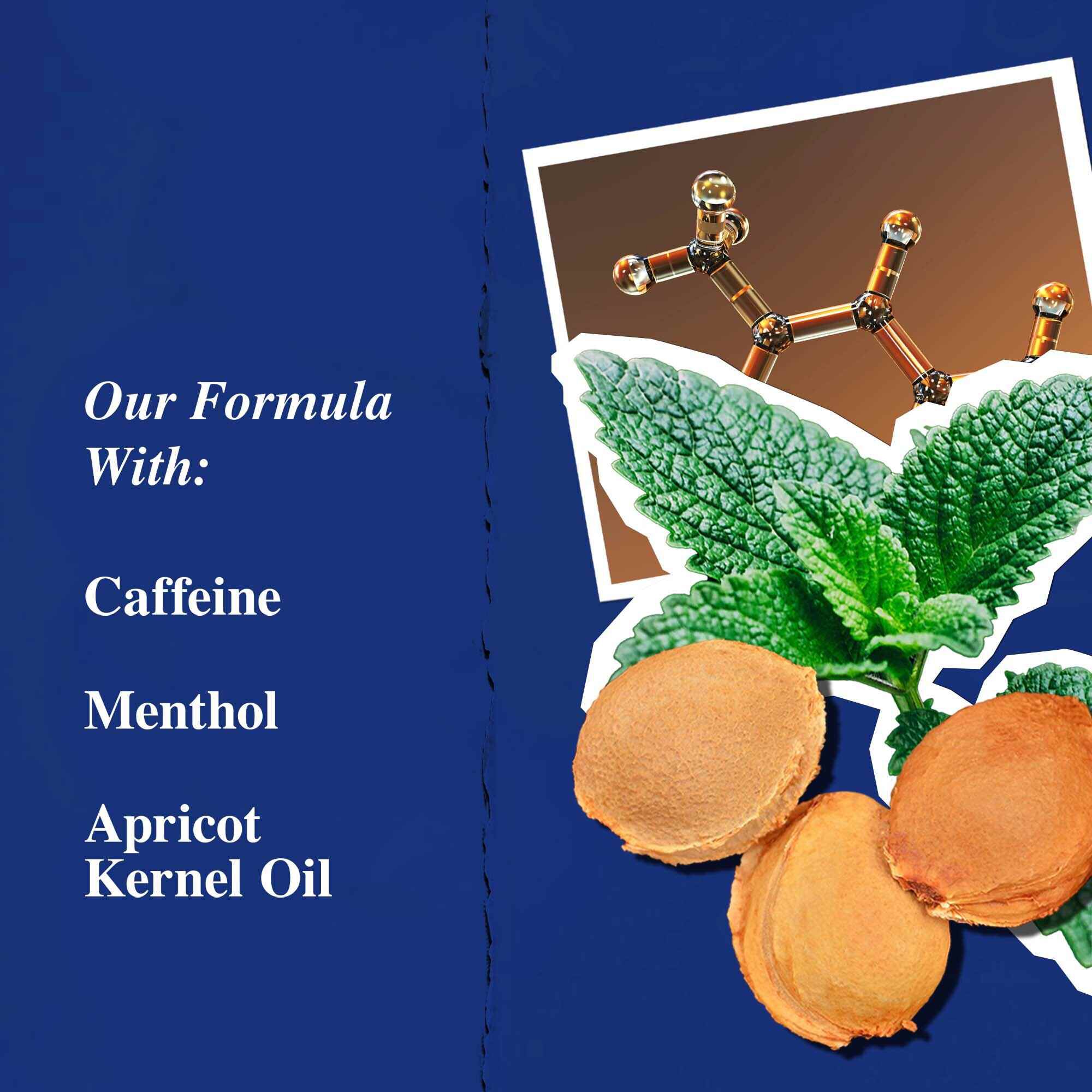 Grafika przedstawiająca kluczowe składniki: kofeinę, mentol i olej z pestek moreli.