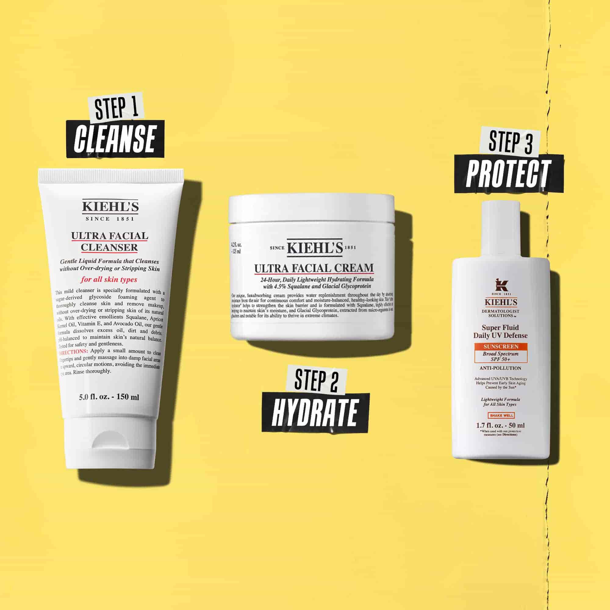 Trzy produkty Kiehl's tworzące rutynę. Od lewej do prawej: produkt oczyszczający, krem nawilżający i filtr przeciwsłoneczny.