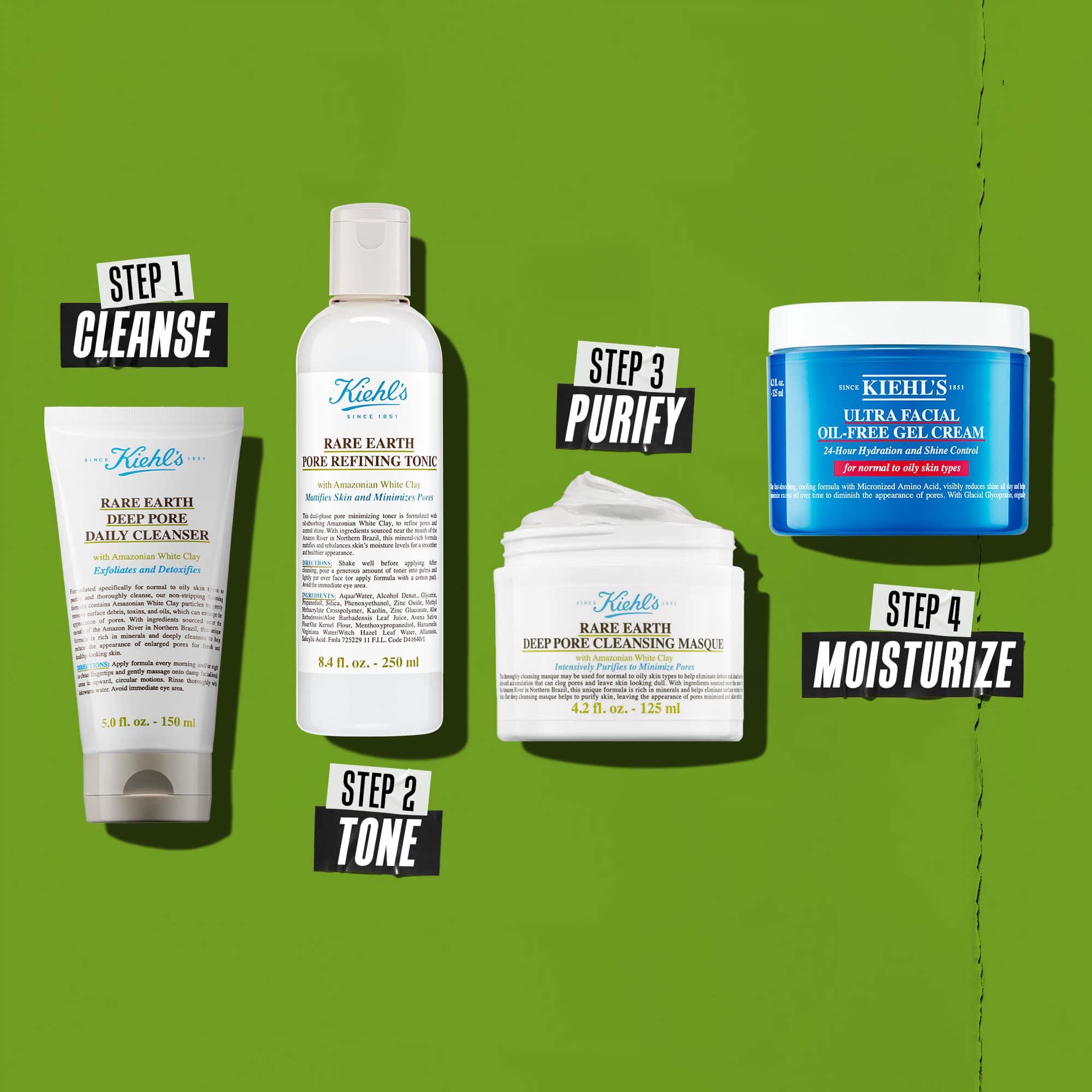 Cztery produkty Kiehl's tworzące rutynę pielęgnacyjną. Od lewej do prawej: Rare Earth Deep Pore Cleanser, Rare Earth Pore Minimizing Lotion, Rare Earth Pore Cleansing Masque i Ultra Facial Oil-Free Gel Cream.