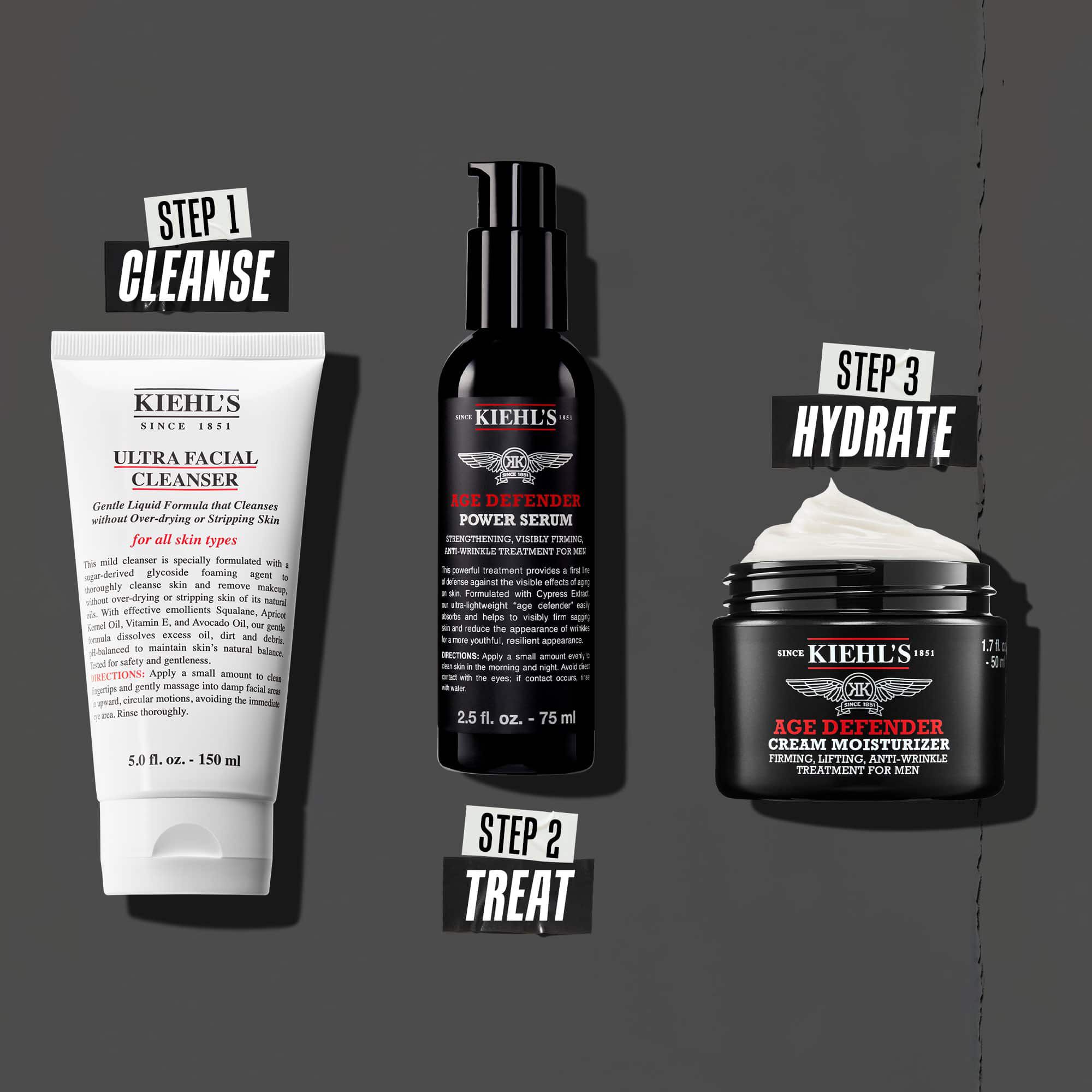 Trzystopniowa rutyna Age Defender: Krok 1: Pielęgnacja oczu. Krok 2: Serum nawilżające. Krok 3: Krem regenerujący.