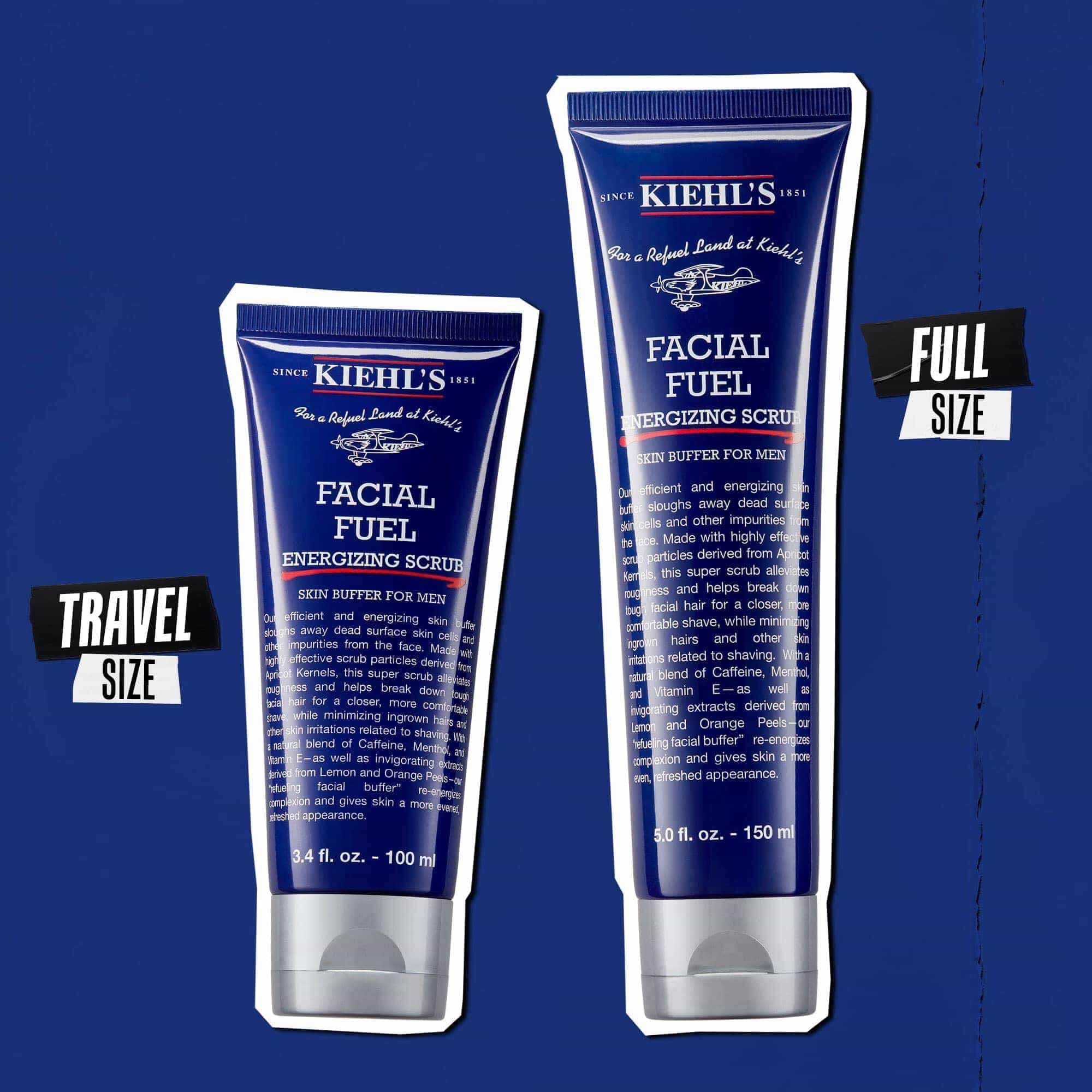 Tubki żelu Facial Fuel Energizing Scrub w rozmiarze podrożnym i pełnowymiarowym.