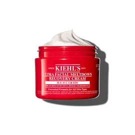 Czerwony słoiczek Kiehl’s Ultra Facial Meltdown Recovery Cream Whip o puszystej konsystencji bita śmietana.