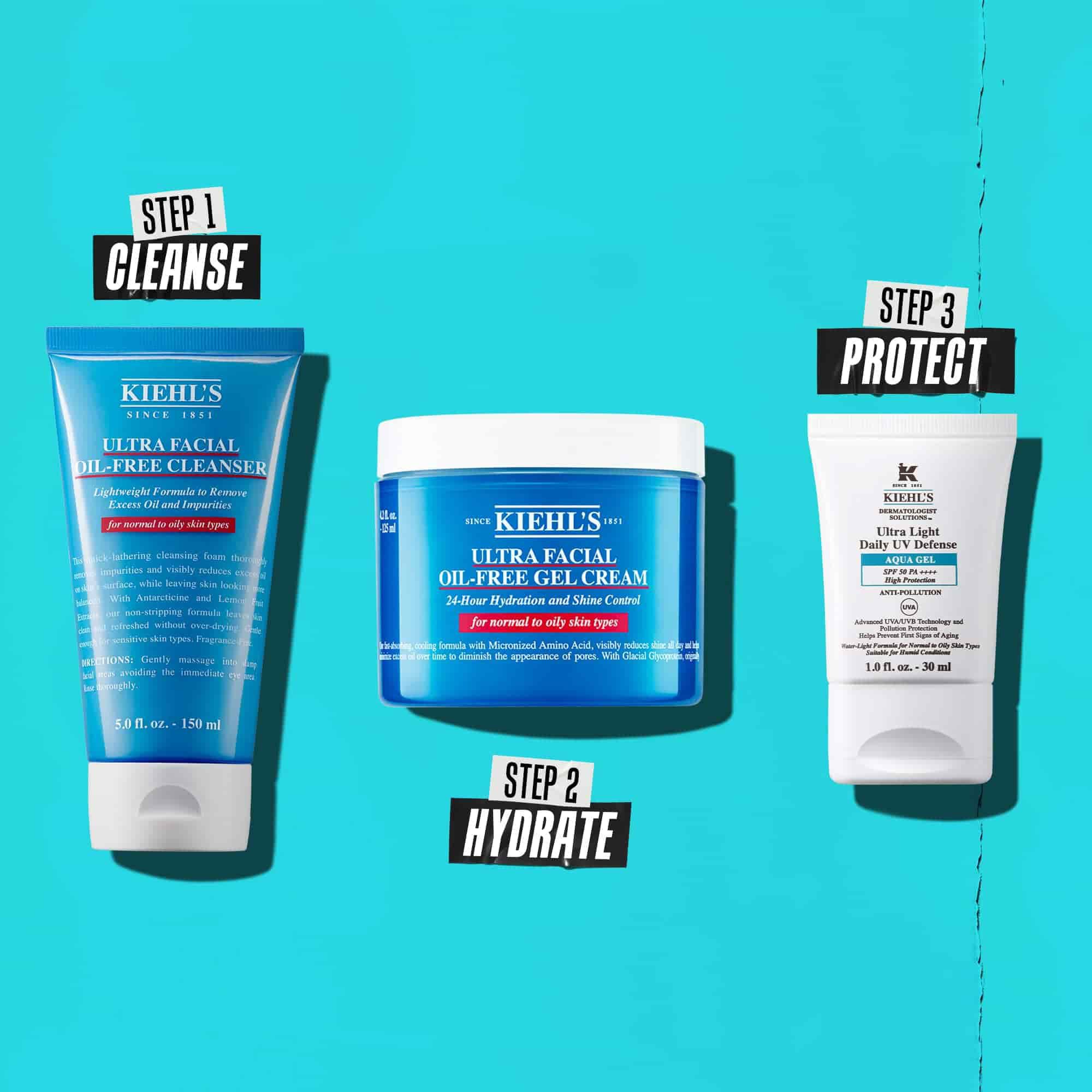 Trzyetapowa rutyna z produktami Kiehl's. Krok 1: Ultra Facial Oil-Free Cleanser. Krok 2: Ultra Facial Oil-Free Gel Cream. Krok 3: Ultra Light Daily UV Defense Aqua Gel.