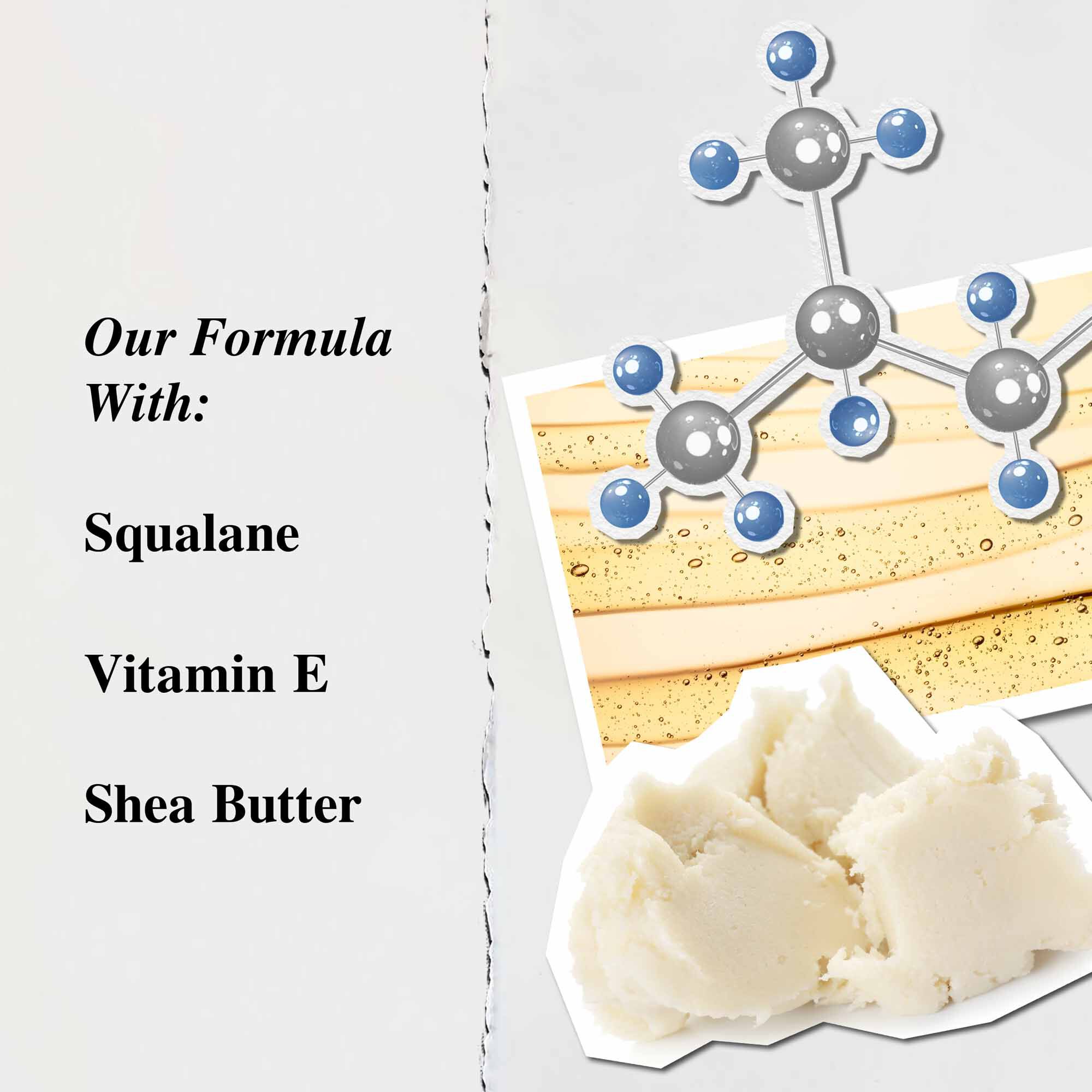 Grafika przedstawiająca kluczowe składniki balsamu Lip Balm #1: masło shea, skwalan i witaminę E.