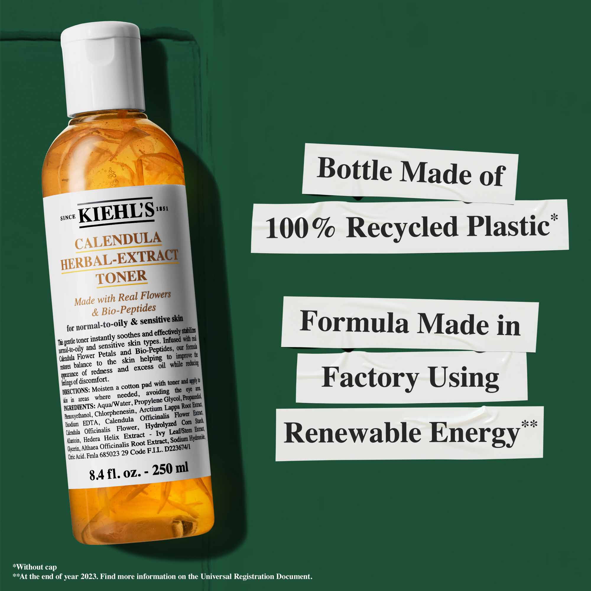 Butelka toniku Calendula Herbal-Extract Toner z tekstem podkreślającym cechy zrownoważonego rozwoju: „Butelka wykonana w 100% z plastiku z recyklingu” i „Formuła wyprodukowana w fabryce wykorzystującej energię odnawialną.”