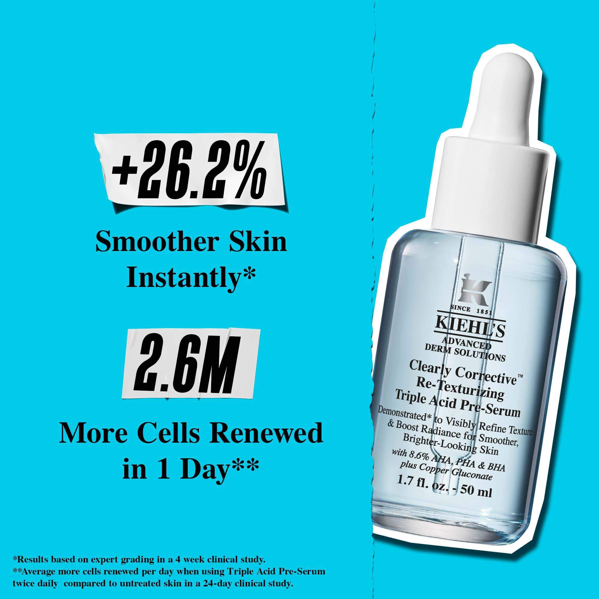 Butelka Clearly Corrective Triple Acid Peel na niebieskim tle z tekstem: „+41% gładsza tekstura.”