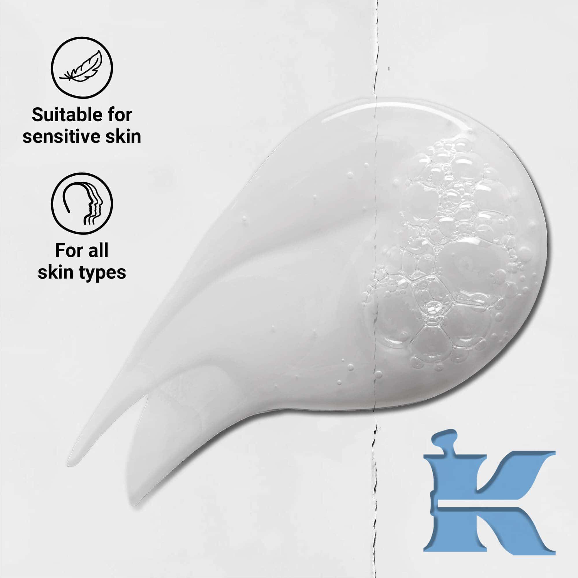 Zdjęcie konsystencji Kiehl's Ultra Facial Cleanser z ikonami: do każdego rodzaju skory i skory wrażliwej