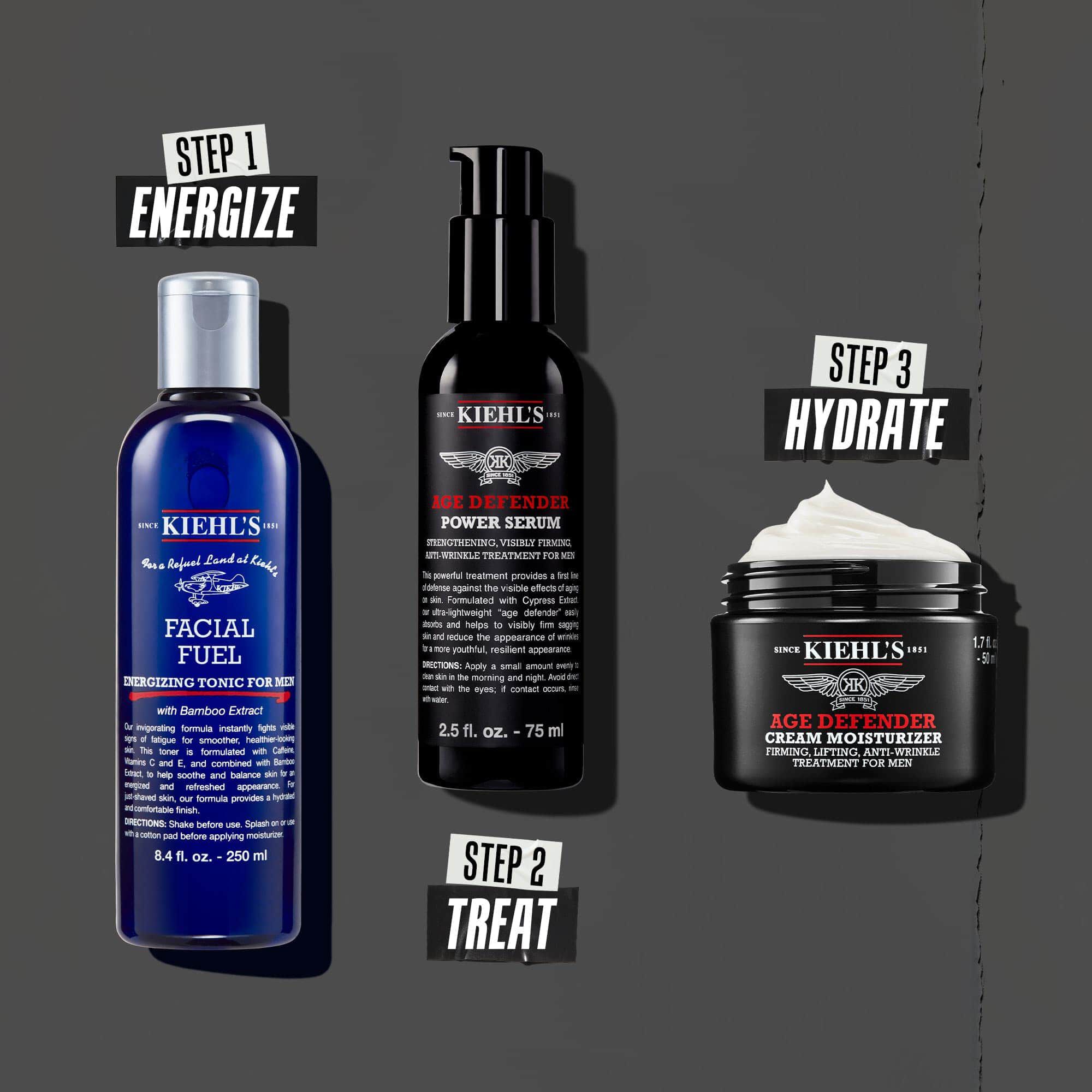 Trzystopniowa rutyna Age Defender: Krok 1: Pielęgnacja oczu. Krok 2: Serum nawilżające. Krok 3: Krem regenerujący.