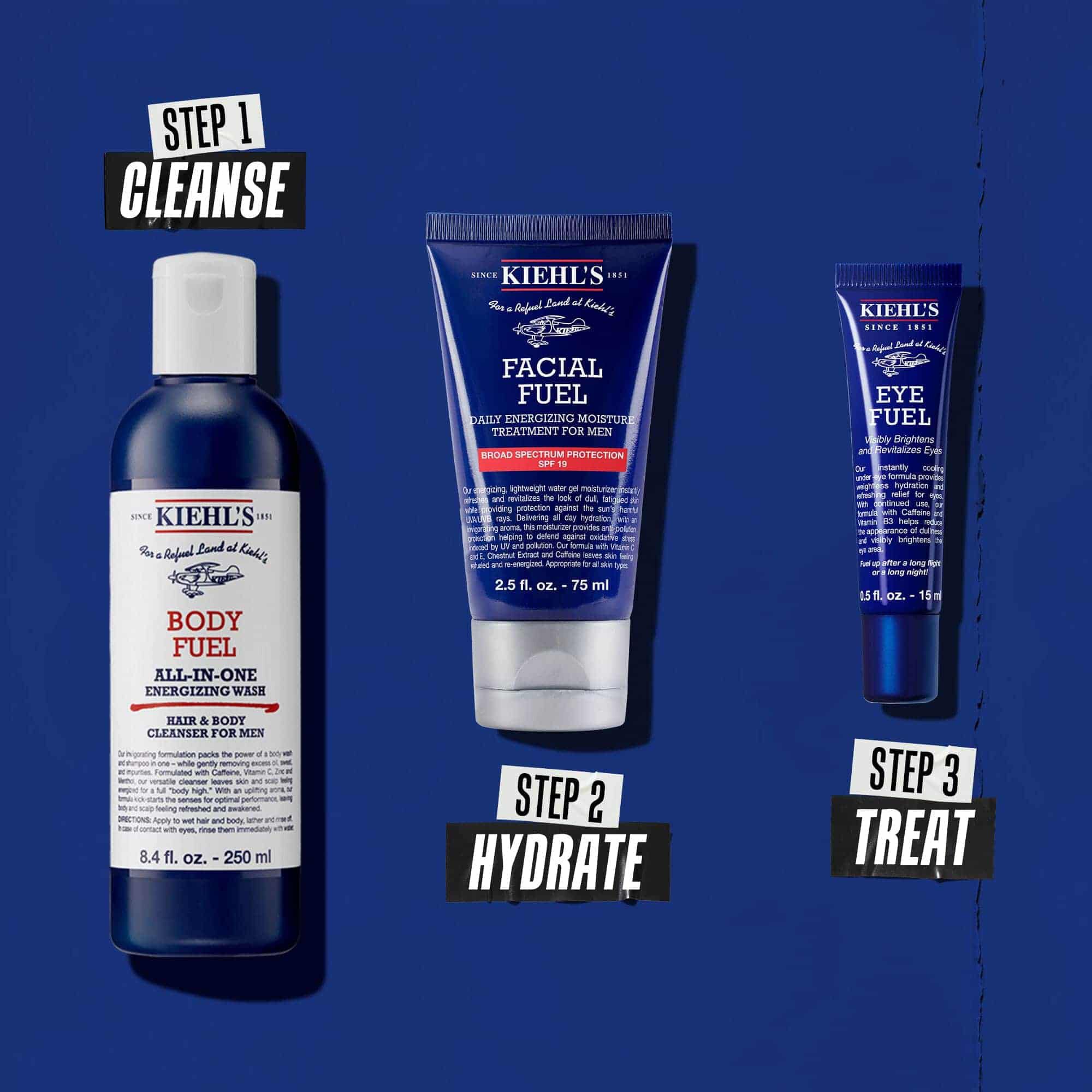 Trzystopniowa rutyna Body Fuel: Krok 1: Mycie. Krok 2: Nawilżanie z Facial Fuel Treatment. Krok 3: Krem pod oczy Facial Fuel Eye Fuel.