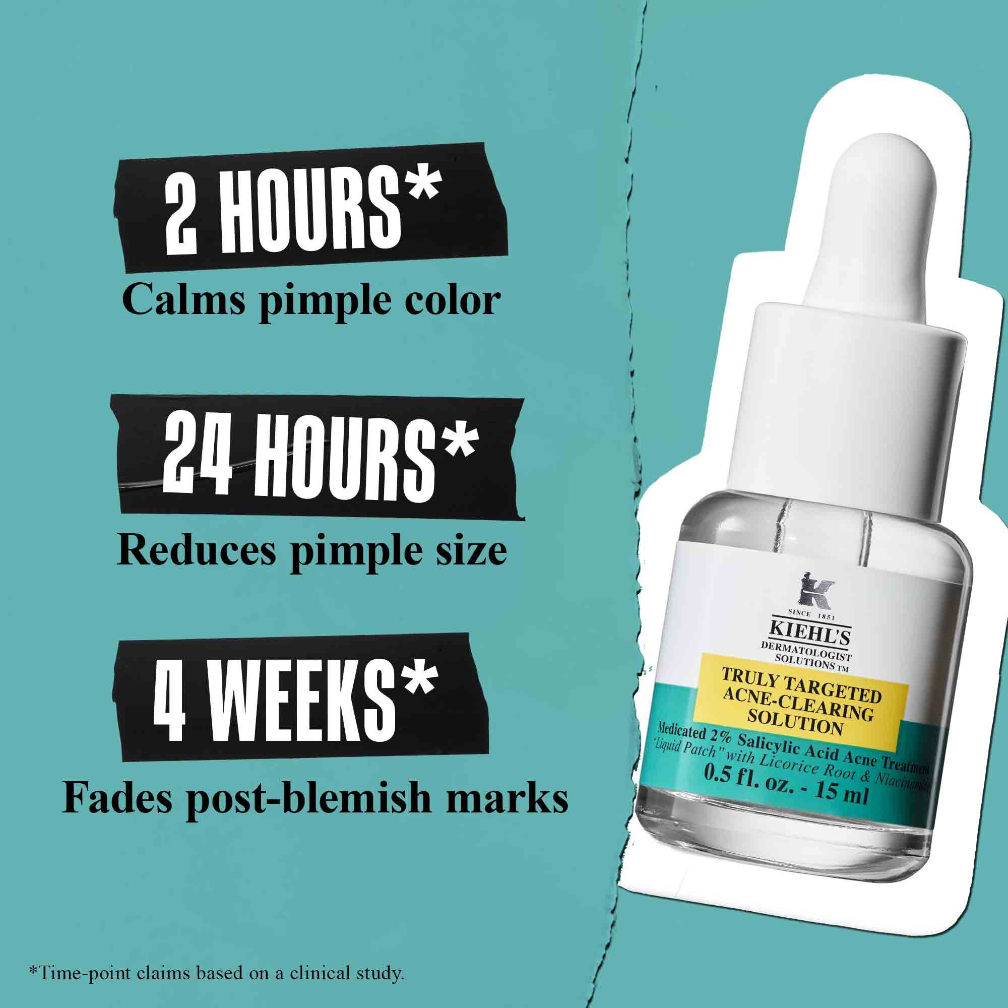 Butelka Truly-Targeted Blemish-Clearing Solution na zielonym tle z tekstem: „2 godziny* Łagodzi zaczerwienienie pryszcza”, „24 godziny* Zmniejsza rozmiar pryszcza” i „4 tygodnie* Rozjaśnia ślady po niedoskonałościach”.