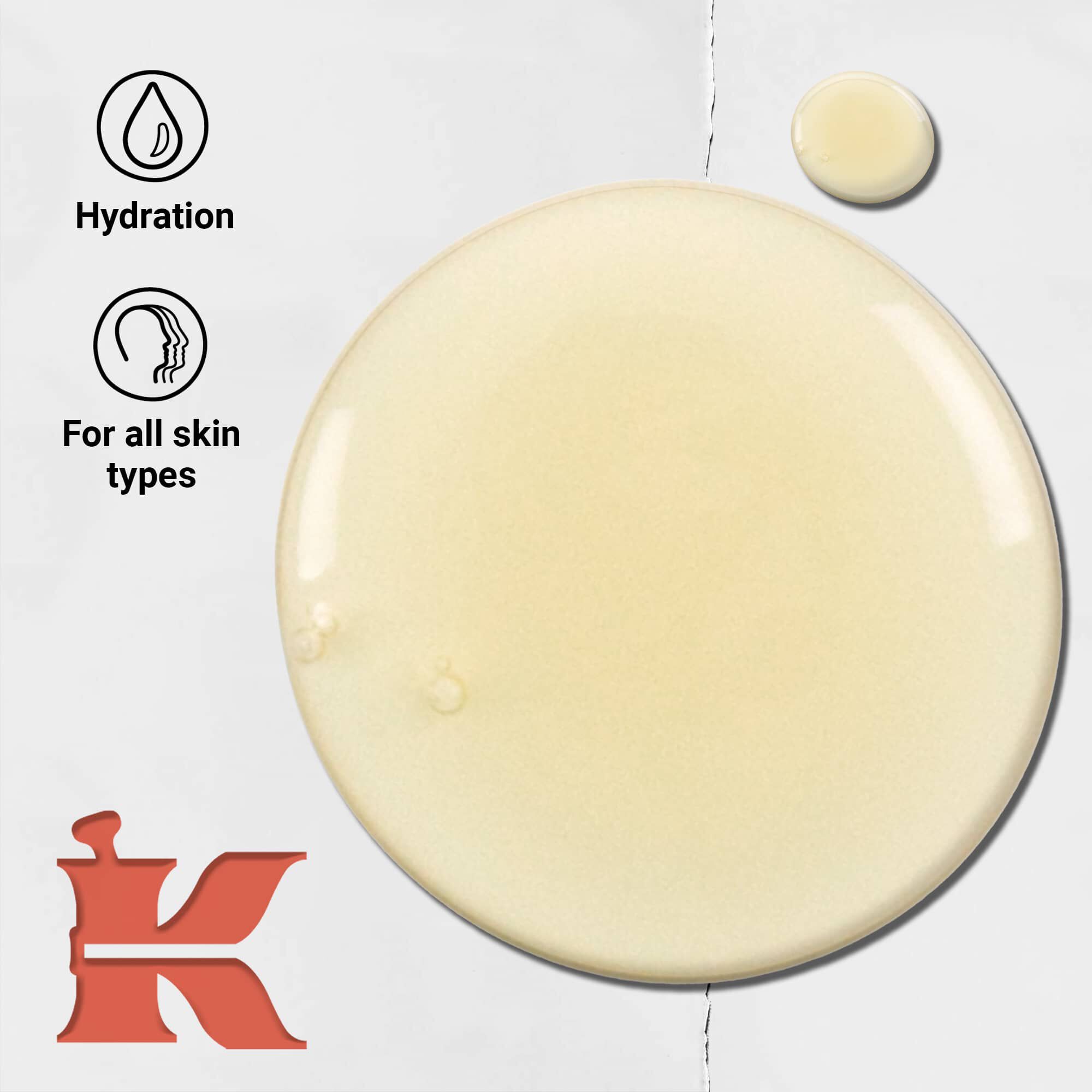 Zdjęcie konsystencji płynu do mycia ciała o zapachu grejpfruta z ikonami informującymi о nawilżeniu i przeznaczeniu do każdego rodzaju skory