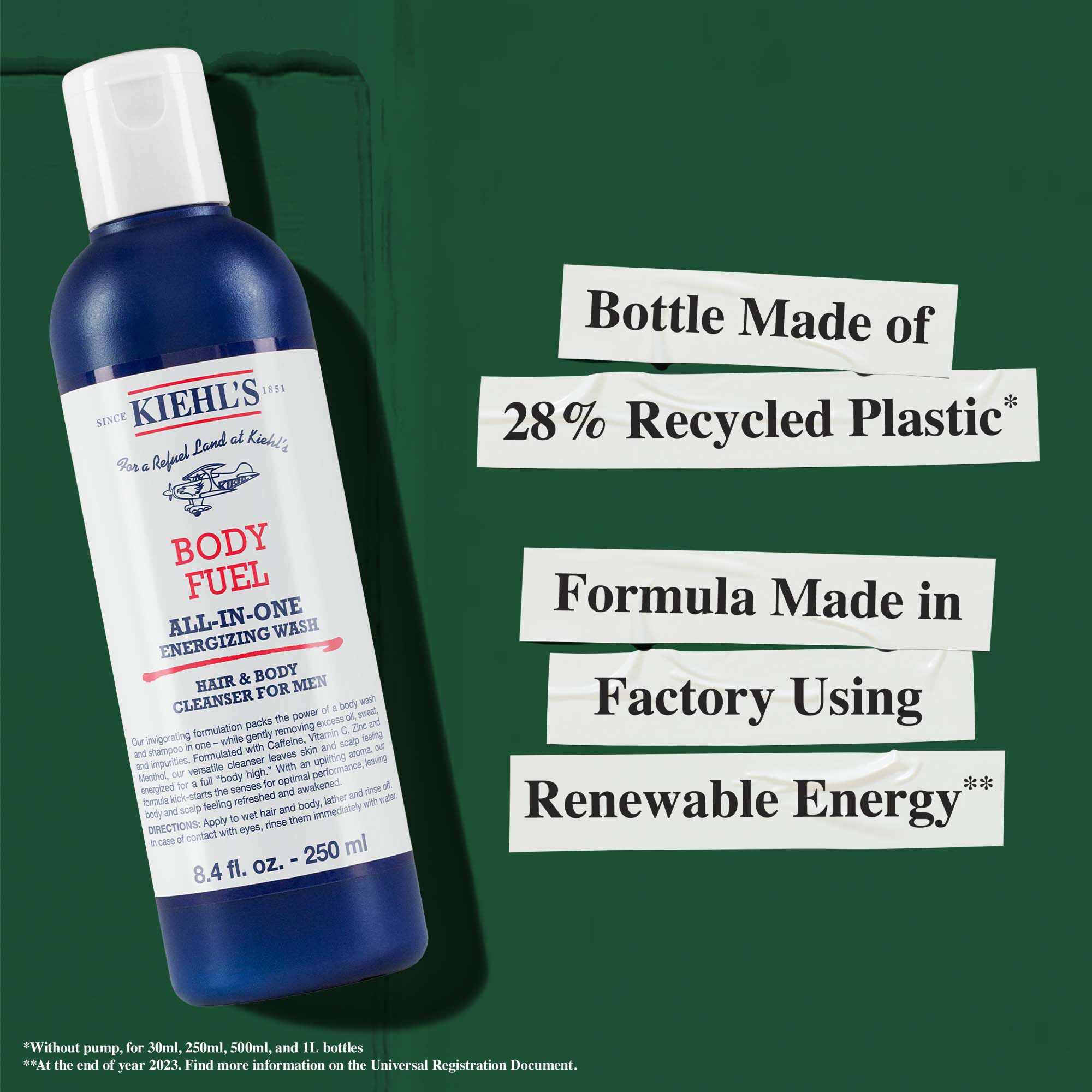 Butelka Body Fuel wykonana w 28% z plastiku pochodzącego z recyklingu; formuła wytworzona z użyciem energii odnawialnej.