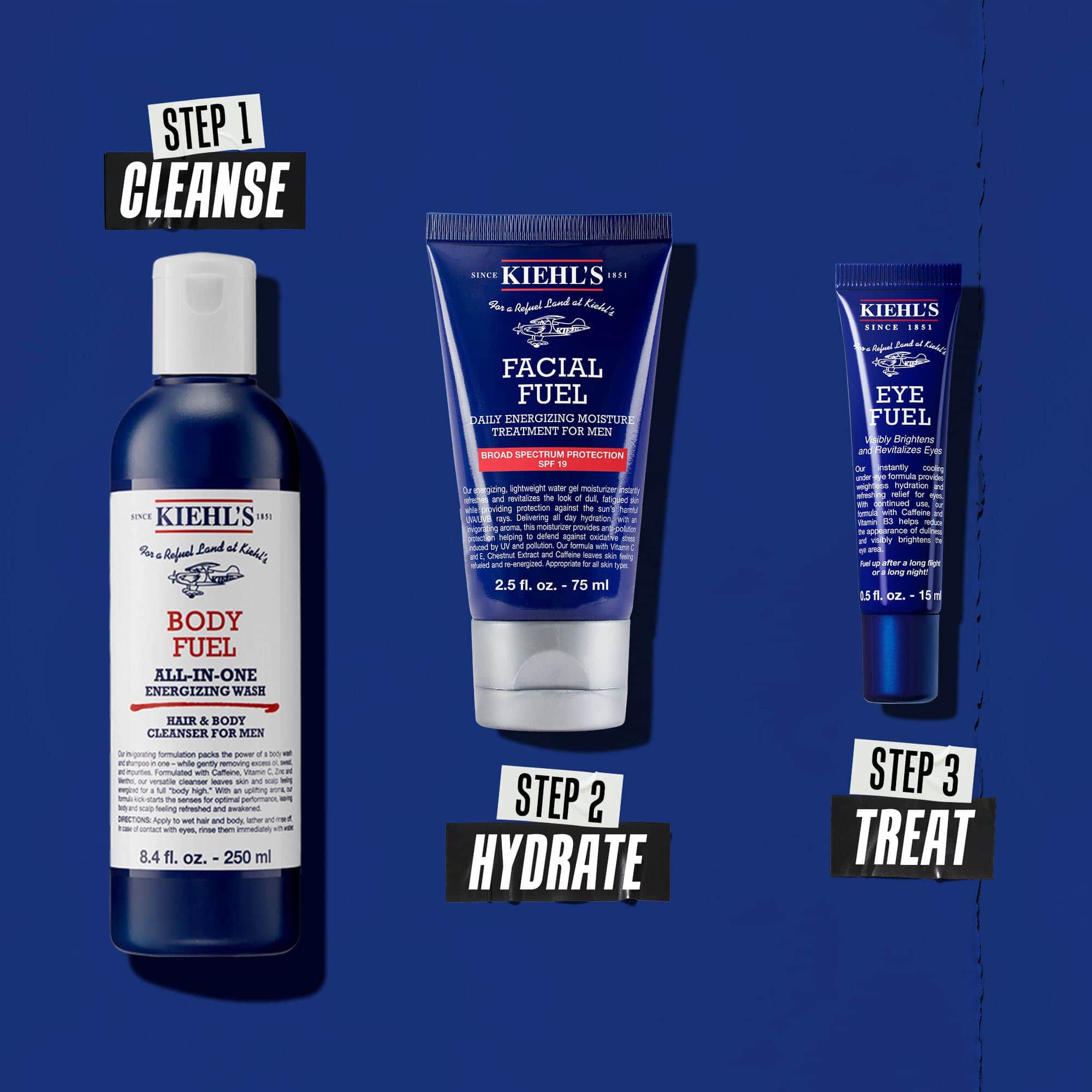 Trzystopniowa rutyna Body Fuel: Krok 1: Mycie. Krok 2: Nawilżanie z Facial Fuel Treatment. Krok 3: Krem pod oczy Facial Fuel Eye Fuel.