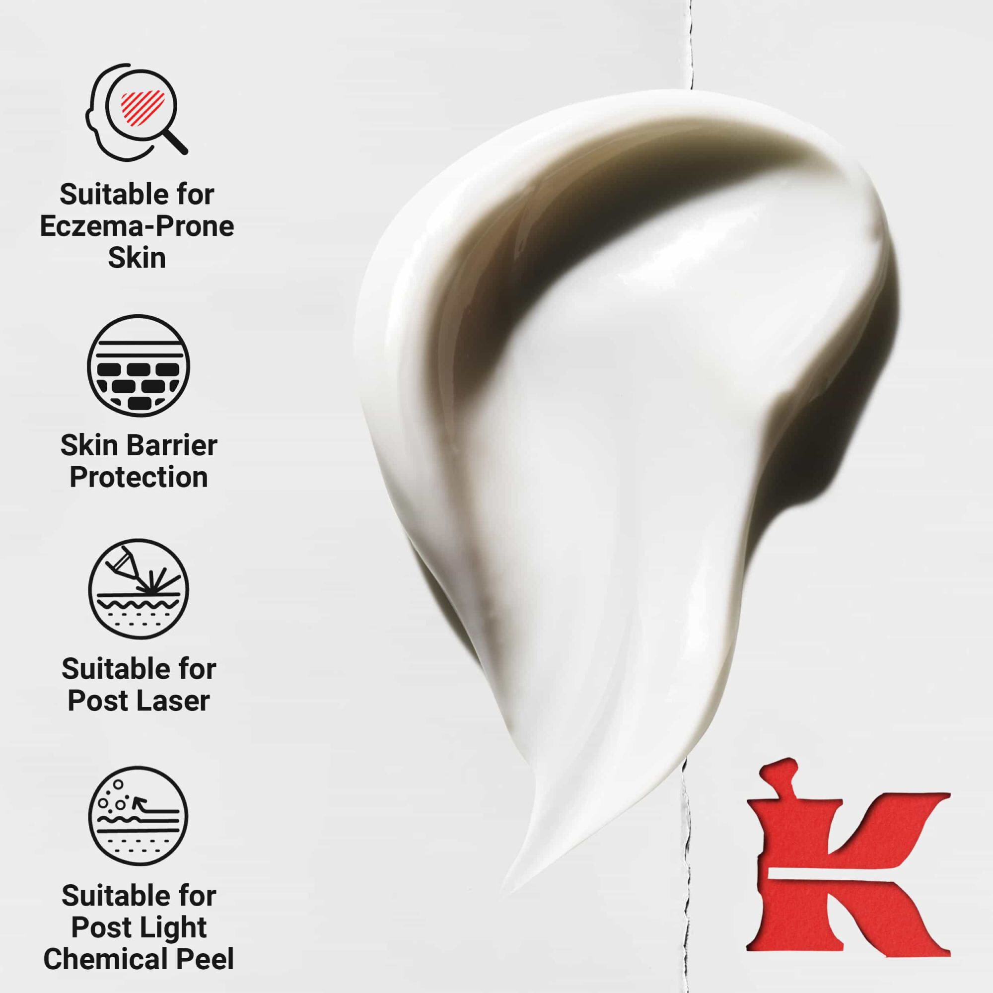 Dynamiczny wir gęstego kremu; ikony podkreślają zalety: odpowiedni dla skory skłonnej do egzemy, ochrona bariery skornej, po zabiegach laserowych i po lekkim peelingu chemicznym.