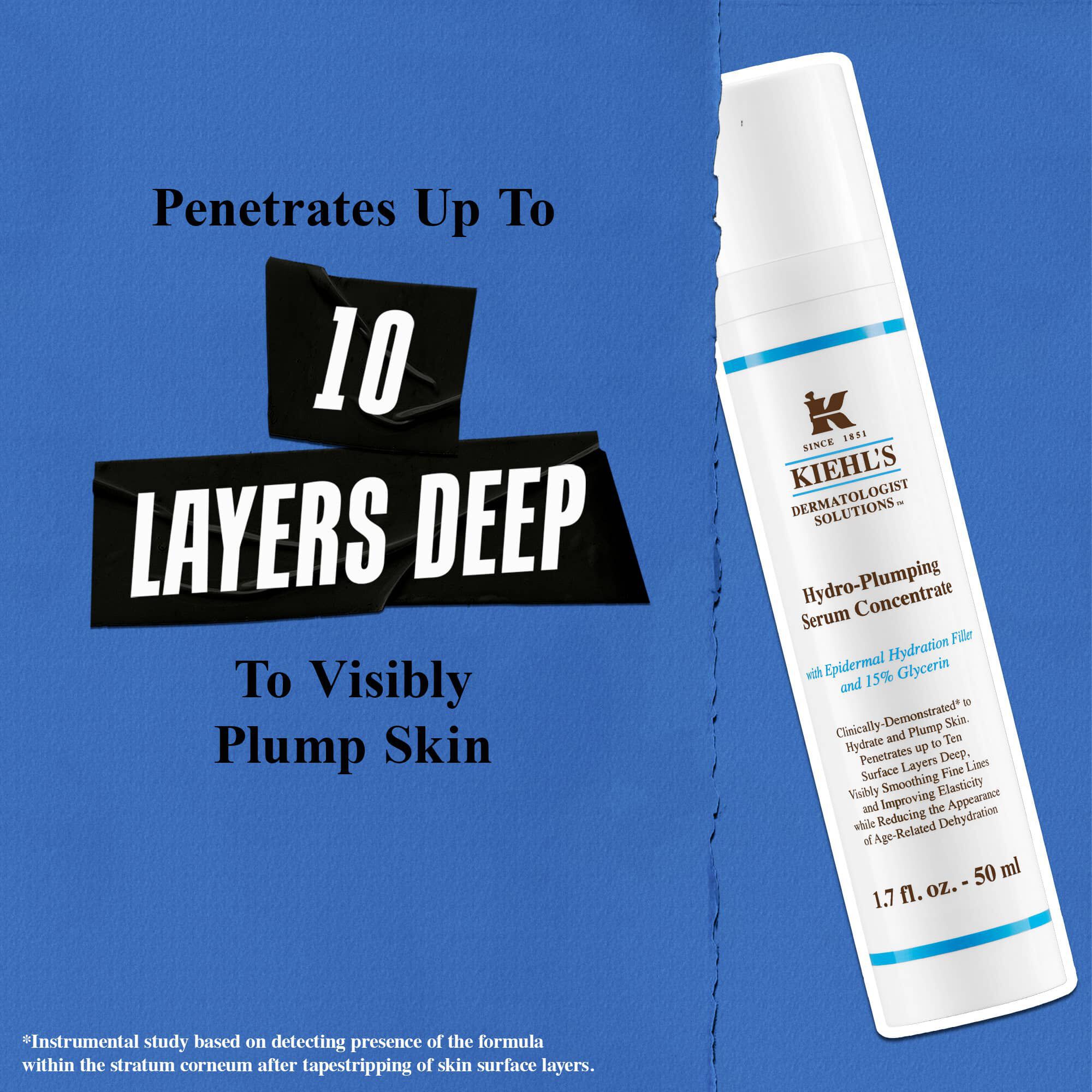 Koncentrat serum Kiehl's Hydro Plumping wnika do 10 warstw w głąb skory, aby widocznie ją wypełnić