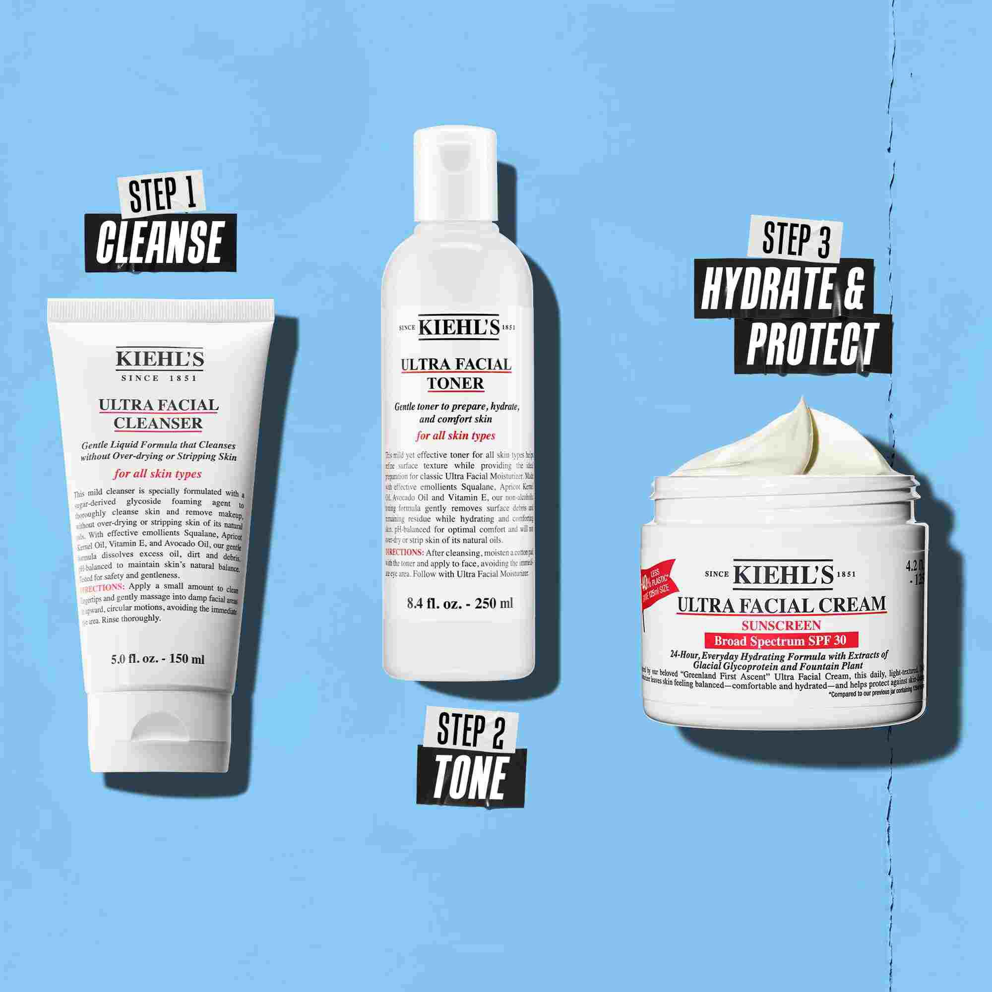 Trzyetapowa rutyna z produktami Kiehl's. Krok 1: Ultra Facial Cleanser. Krok 2: Ultra Facial Toner. Krok 3: Ultra Facial Cream SPF 30.