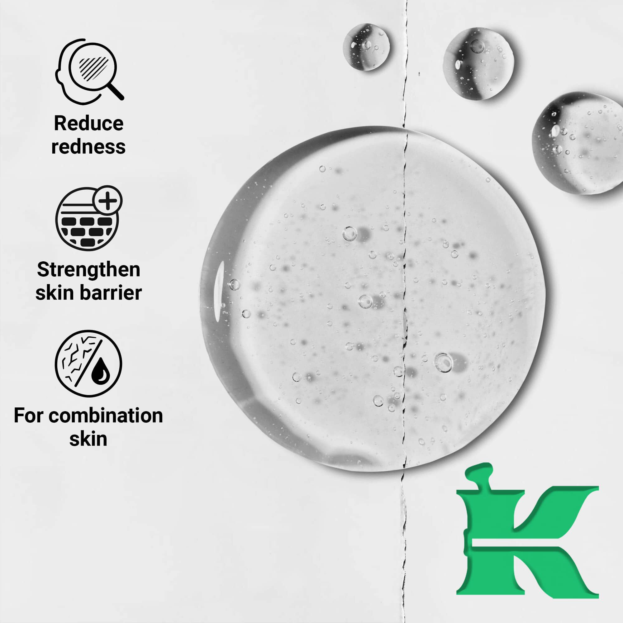 Zdjęcie konsystencji z ikonami: redukuje zaczerwienienia, wzmacnia barierę ochronną skory, do cery mieszanej