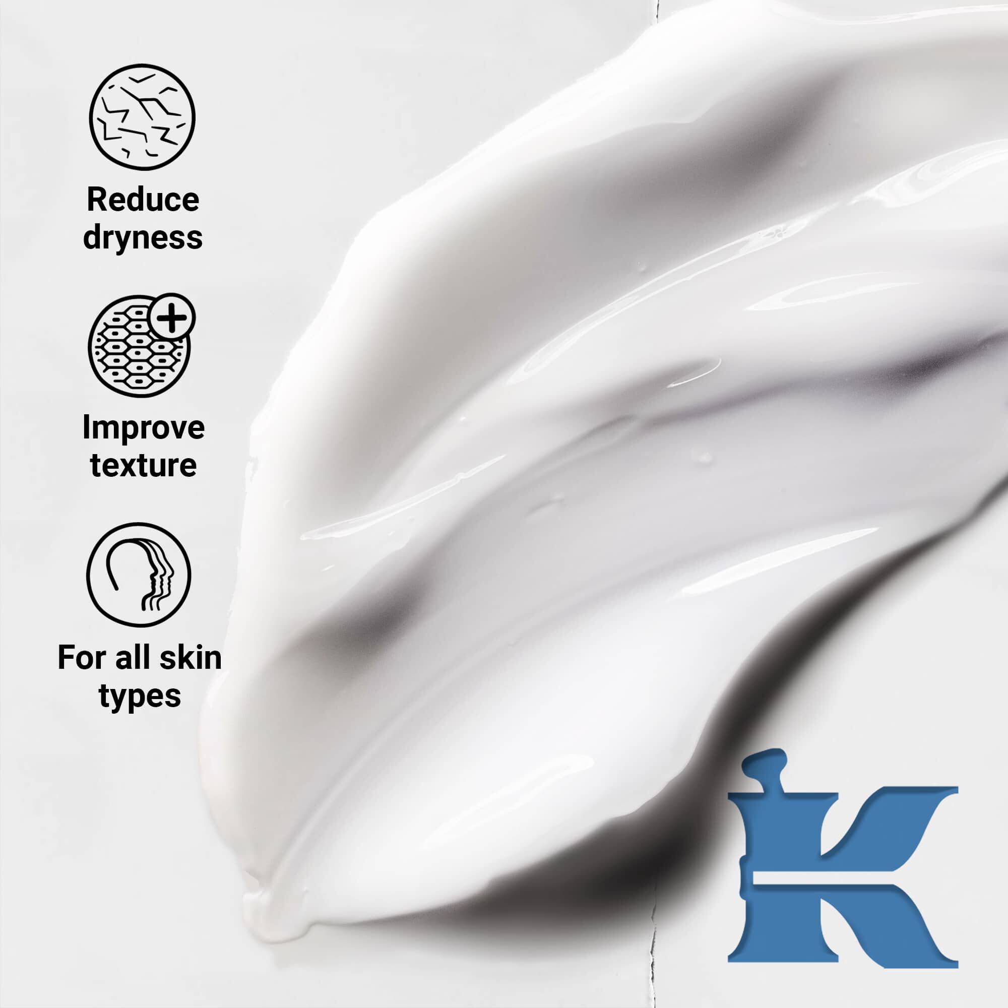 Zdjęcie konsystencji produktu informujące, że redukuje suchość, poprawia strukturę skory и jest przeznaczone do każdego rodzaju skory