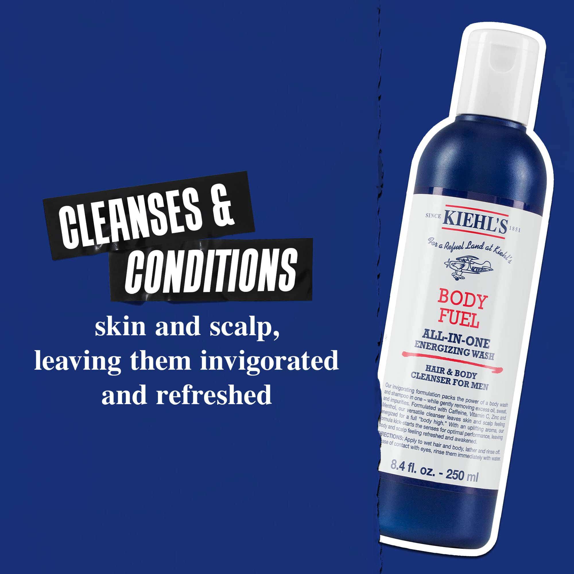 Body Fuel All-In-One Energizing Wash: oczyszcza i pielęgnuje skorę, włosy oraz skorę głowy, pozostawiając je odświeżonymi.