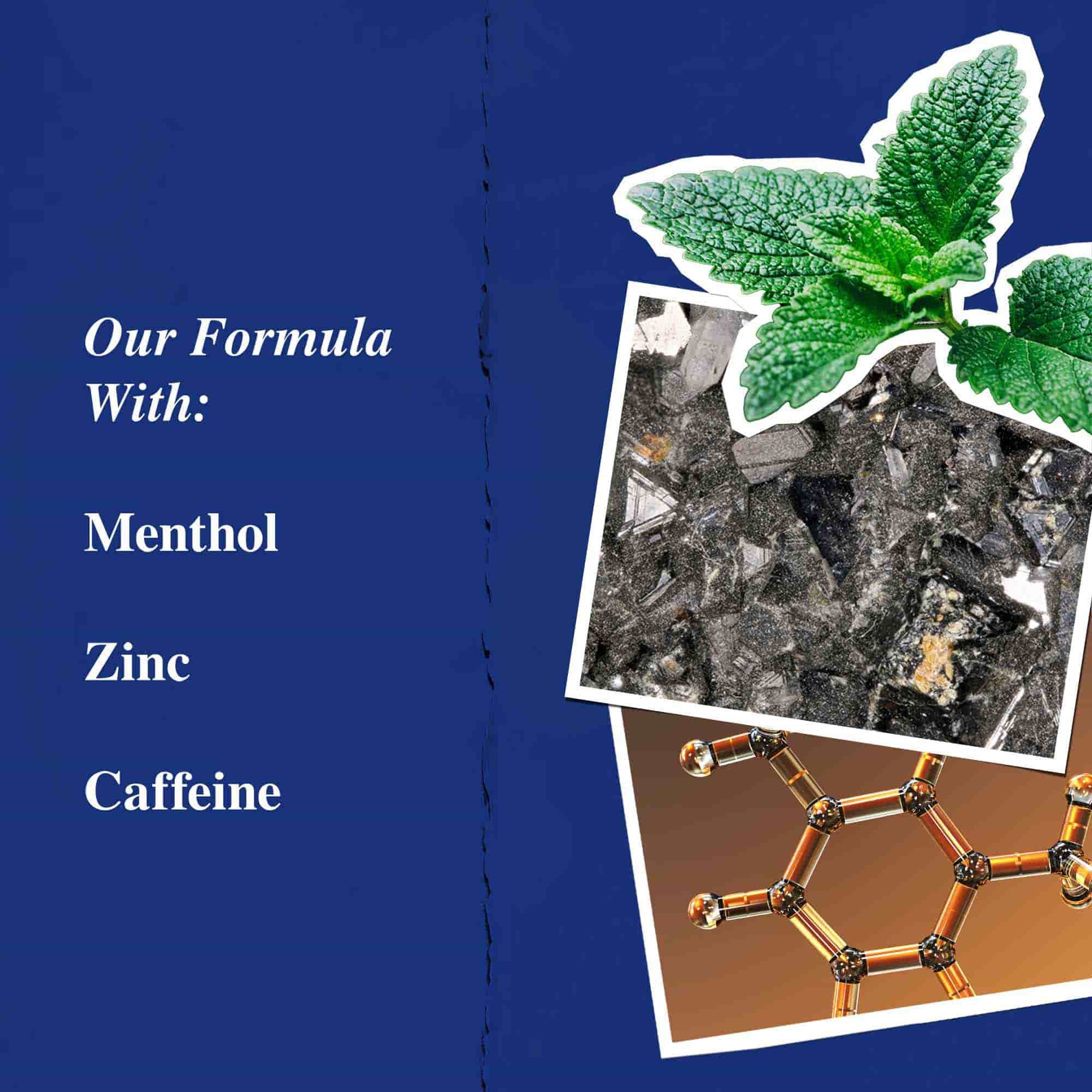 Grafika przedstawiająca kluczowe składniki: mentol, cynk i kofeinę.