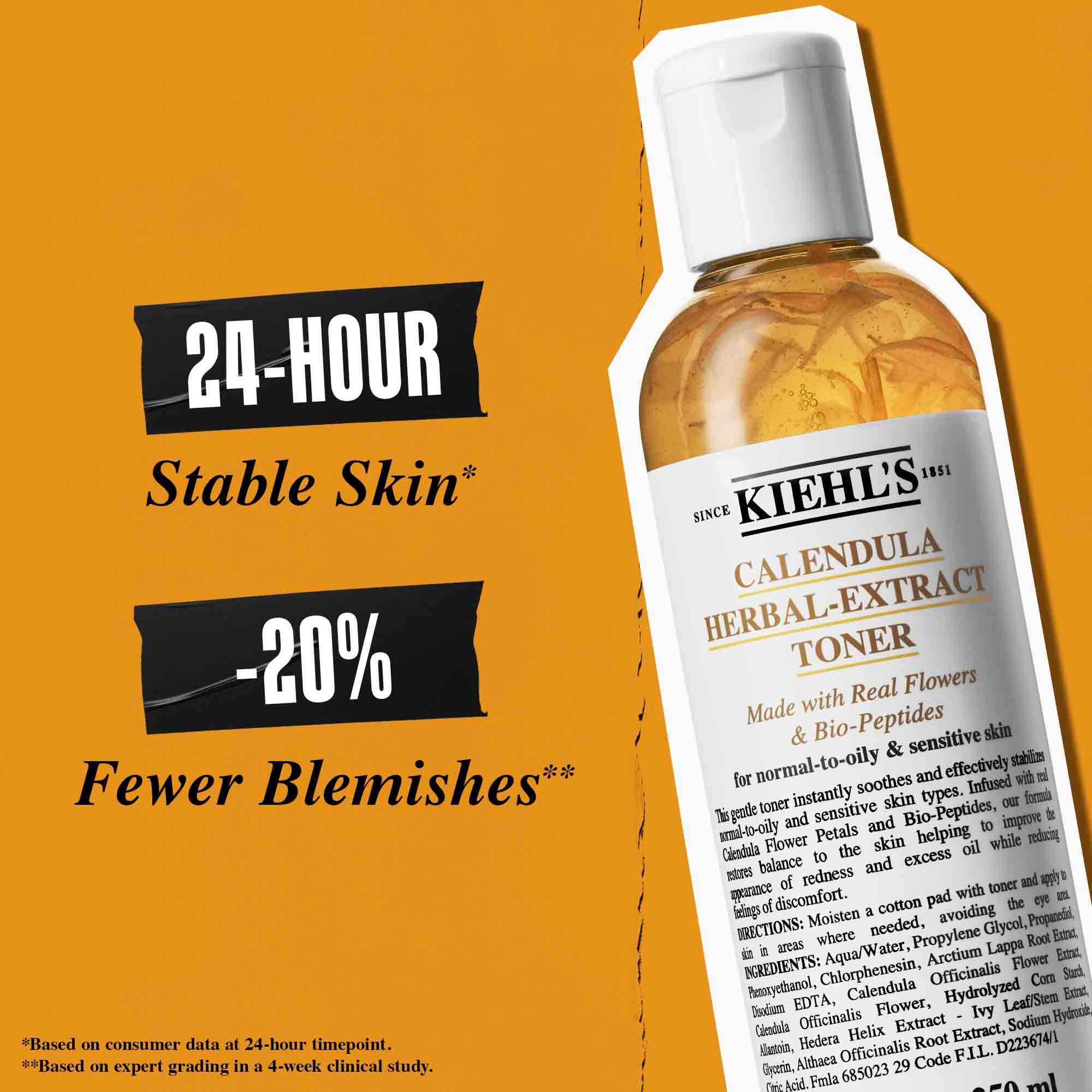 Butelka toniku Calendula Herbal-Extract Toner na pomarańczowym tle z tekstem: „Po 3 dniach: Zobacz pierwsze poprawy w zaczerwienieniu, przetłuszczaniu i błyszczeniu oraz wyglądzie porow.”