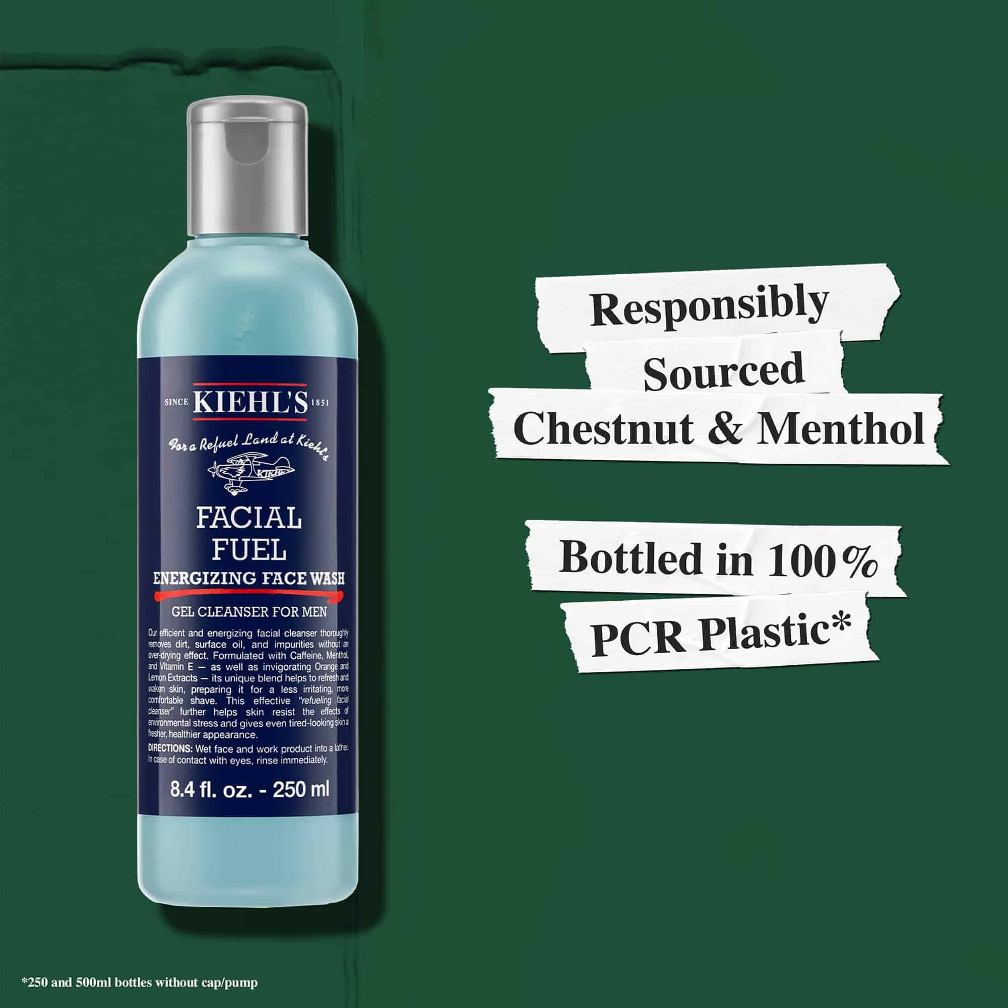 Energetyzujący żel do mycia twarzy Facial Fuel zawiera pozyskiwane в odpowiedzialny sposob składniki, a butelka wykonana jest w 100% z plastiku pochodzącego z recyklingu (PCR)