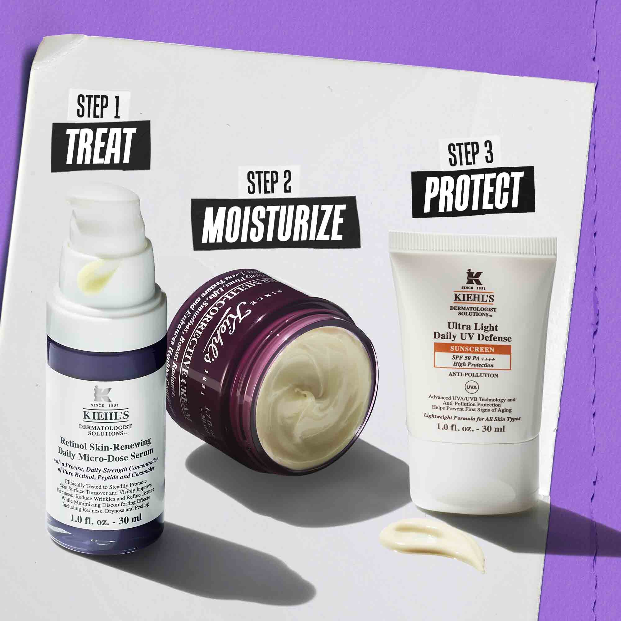 Ilustracja rutyny pielęgnacyjnej z Retinol Skin Renewing Daily Microdose – oczyszczanie, pielęgnacja, pielęgnacja oczu, ochrona