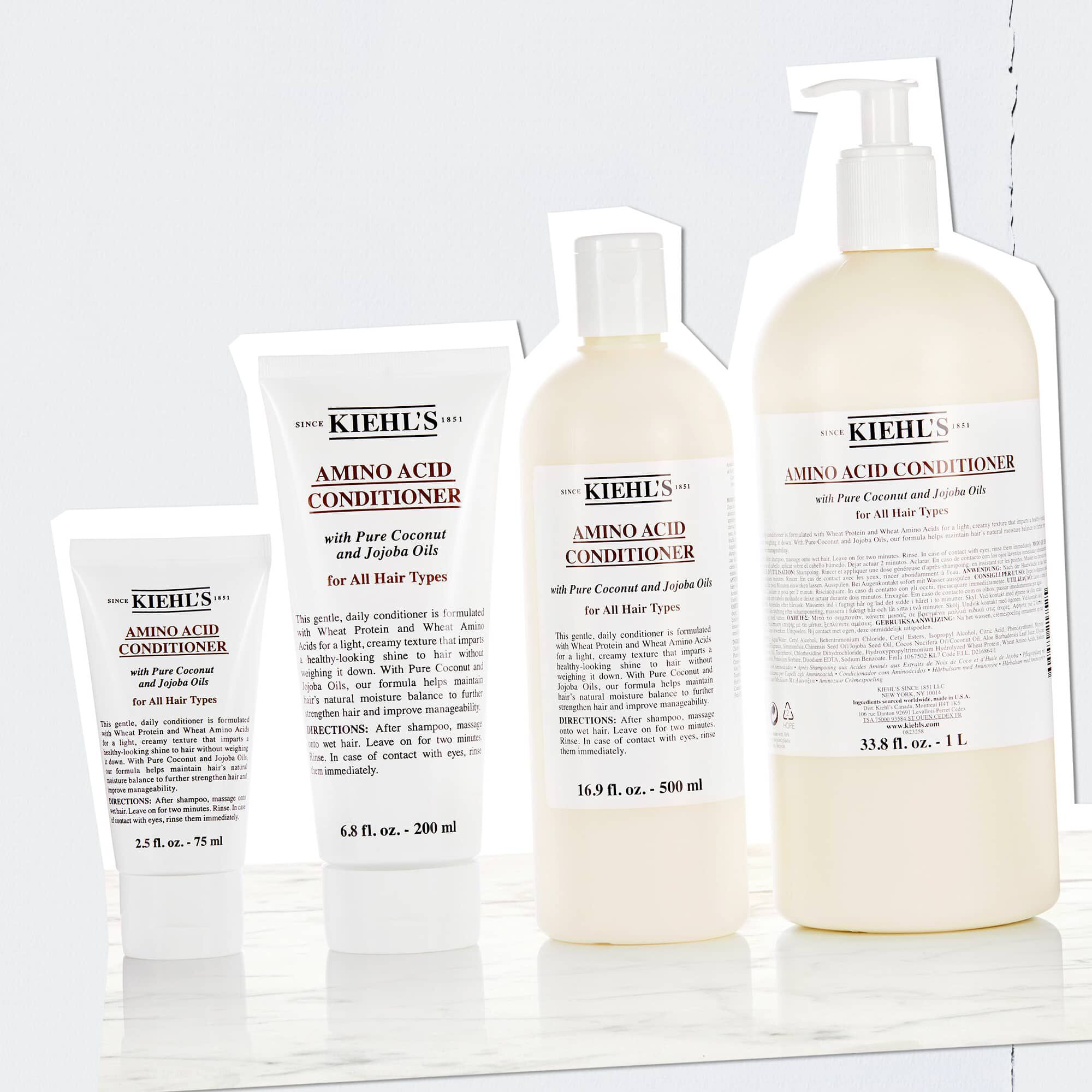 Kiehl's Amino Acid Conditioner butelkuje w rozmiarach od 2,5 fl. oz. – 75 ml do 33,8 fl. oz. – 1 L