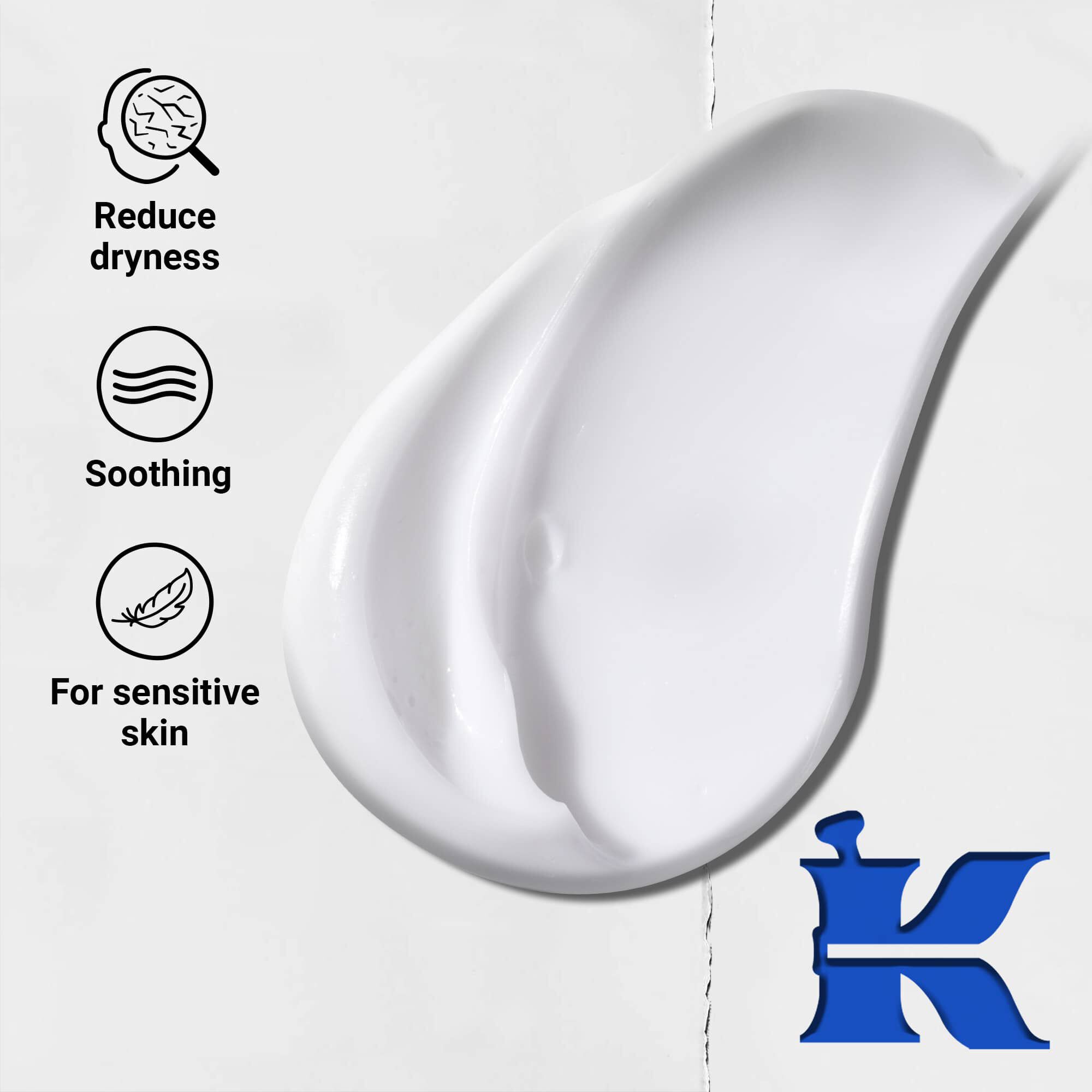 Zdjęcie konsystencji z ikonami: redukuje suchość, działa kojąco i jest przeznaczone do skory wrażliwej