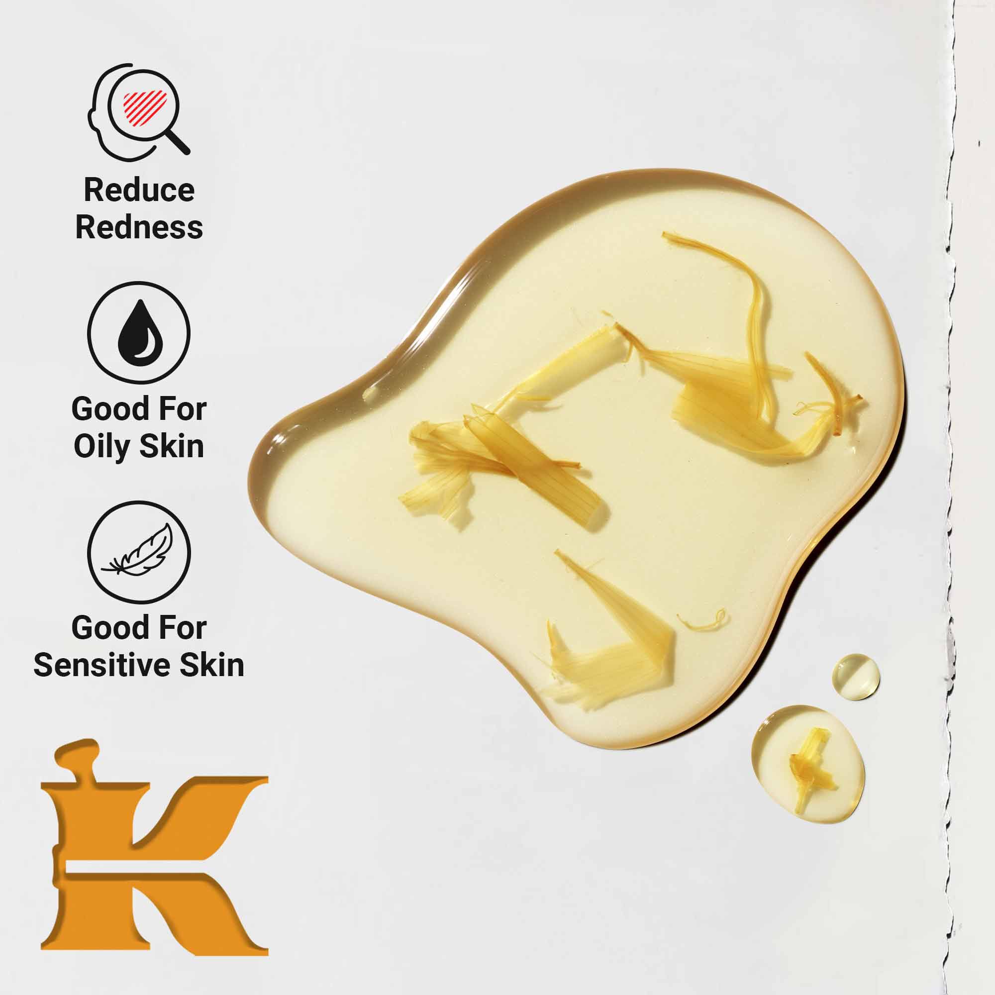 Zbliżenie na konsystencję toniku Calendula Herbal-Extract Toner przedstawiające smugę płynu z płatkami nagietka. Tekst podkreśla korzyści w redukcji zaczerwienień oraz przydatność dla skory tłustej i wrażliwej.